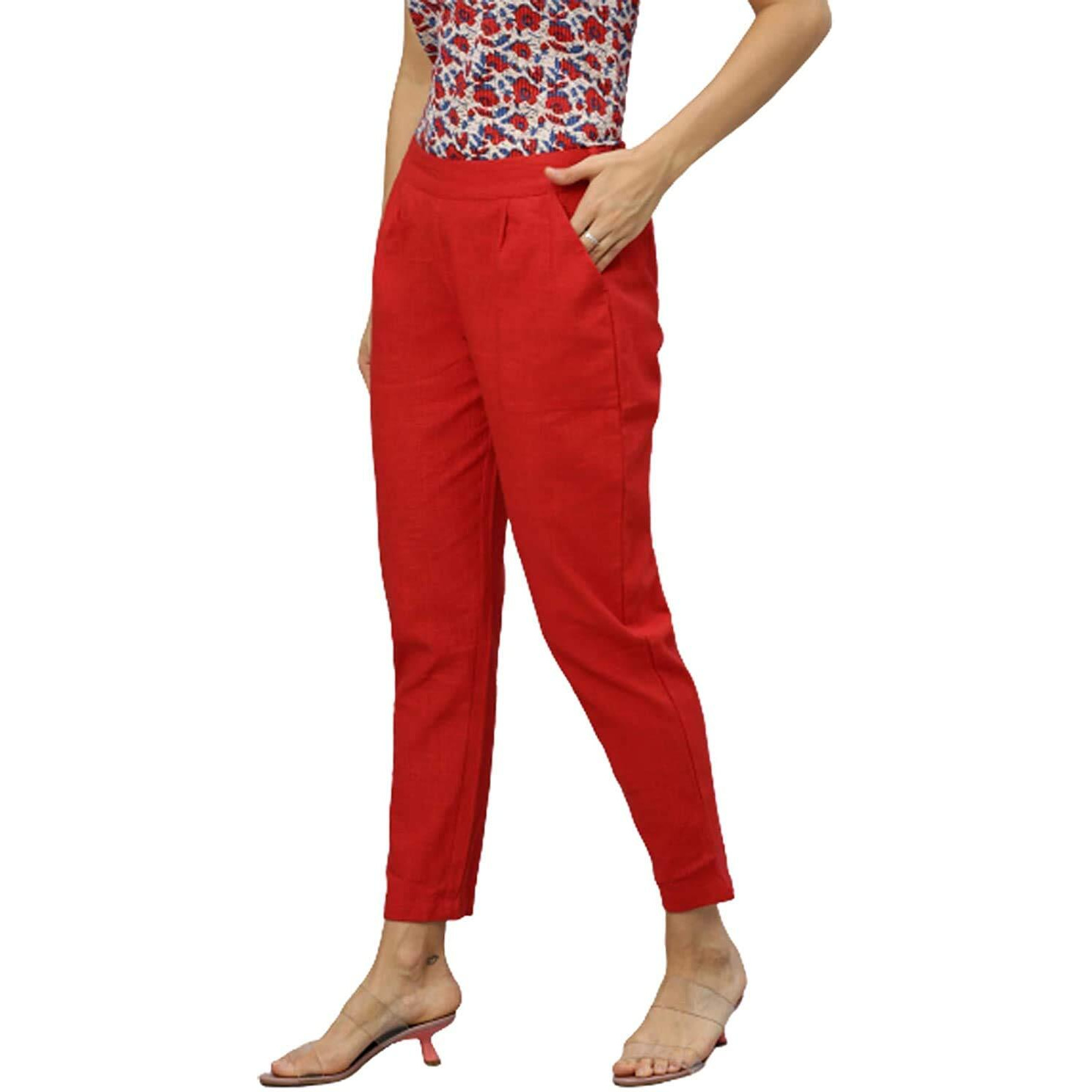 Yash Gallery Women s Plus Size Solid Cotton Slub Ankle Length Trouser Pant (Red, 5XL) | Fit Type Regular Fit