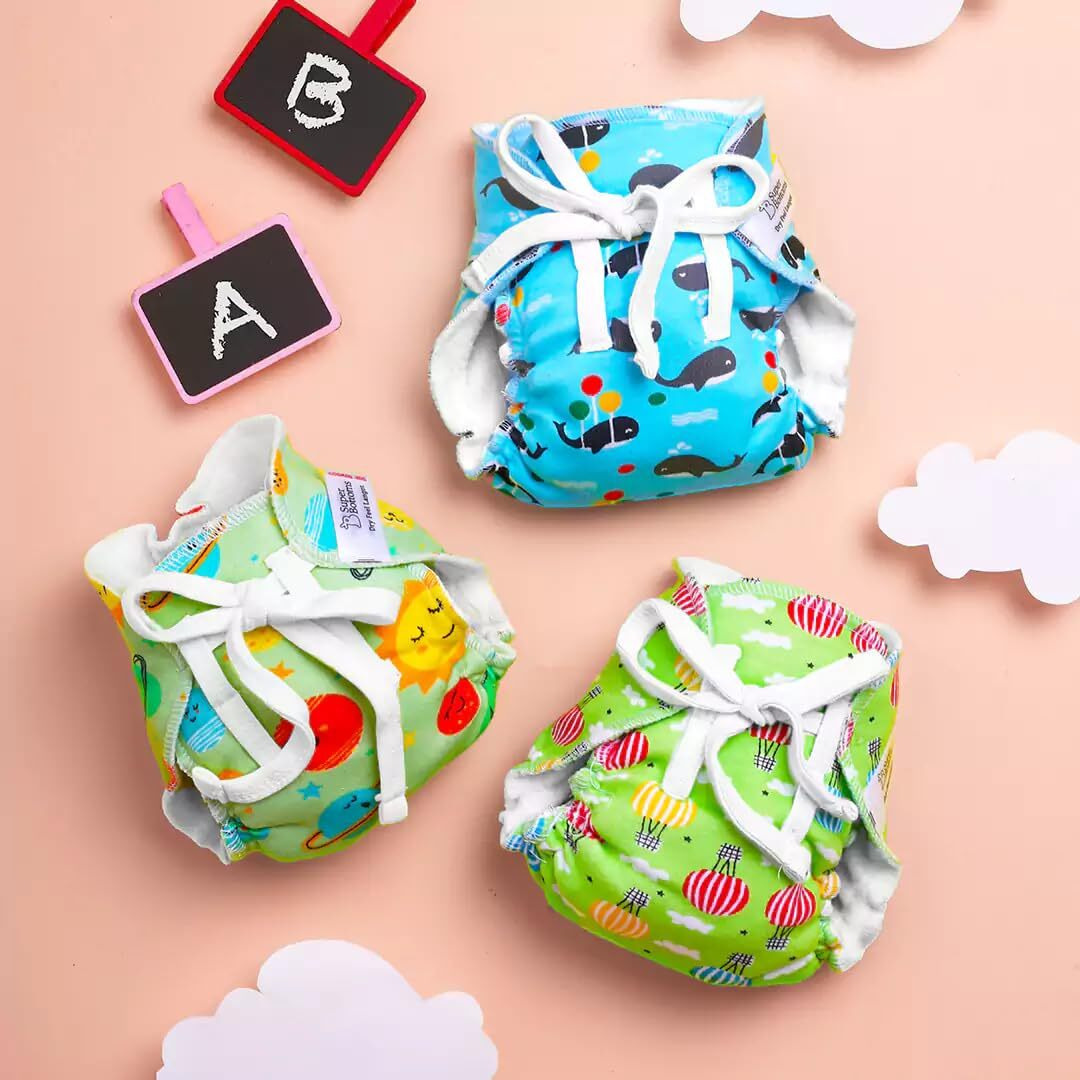 SuperBottoms Dry Feel Padded Langot - Pack of 3- Cotton Langot |Cloth Nappy |Langot with Gentle Elastics & a SuperDryFeel Layer on top (Day Dreamer Collection, Size 0 (Fits 0-5 kg))