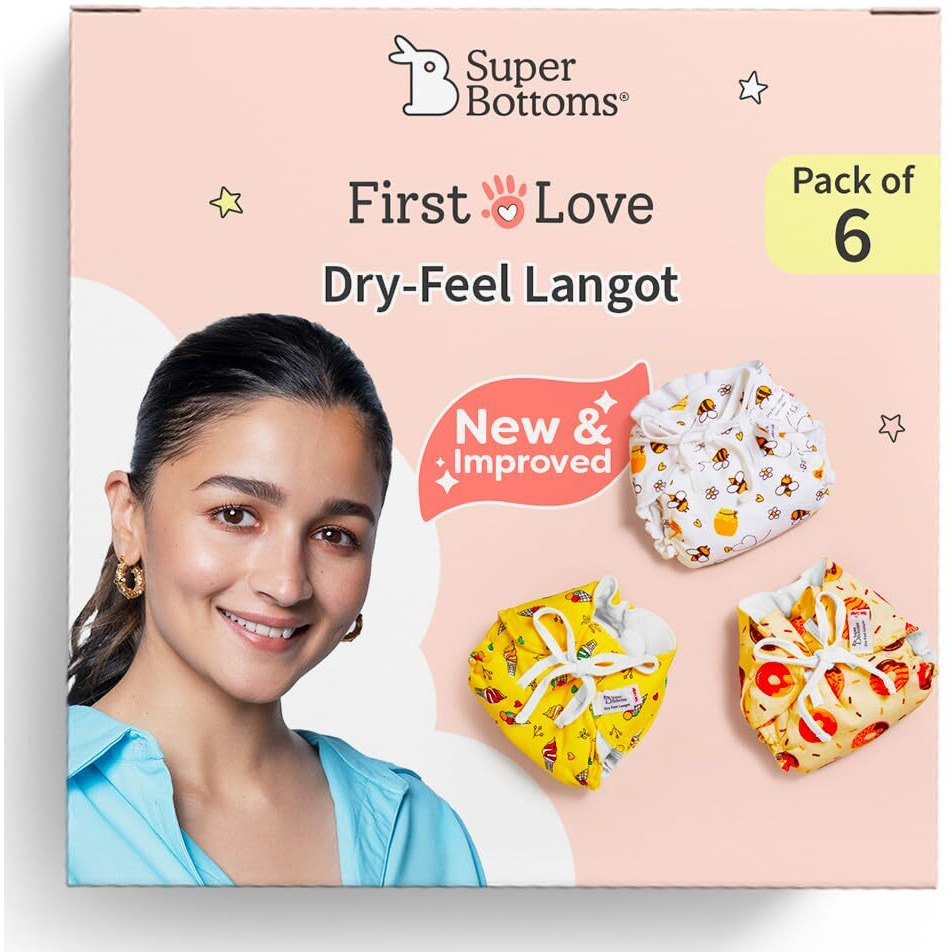SuperBottoms DryFeel Baby Langot 0-6 months l Organic Cotton Modern Baby Nappy l Mess-free Langot with Gentle Elastics l Super DryFeel Top Layer l Diaper-free Time Essential | 6 Pack