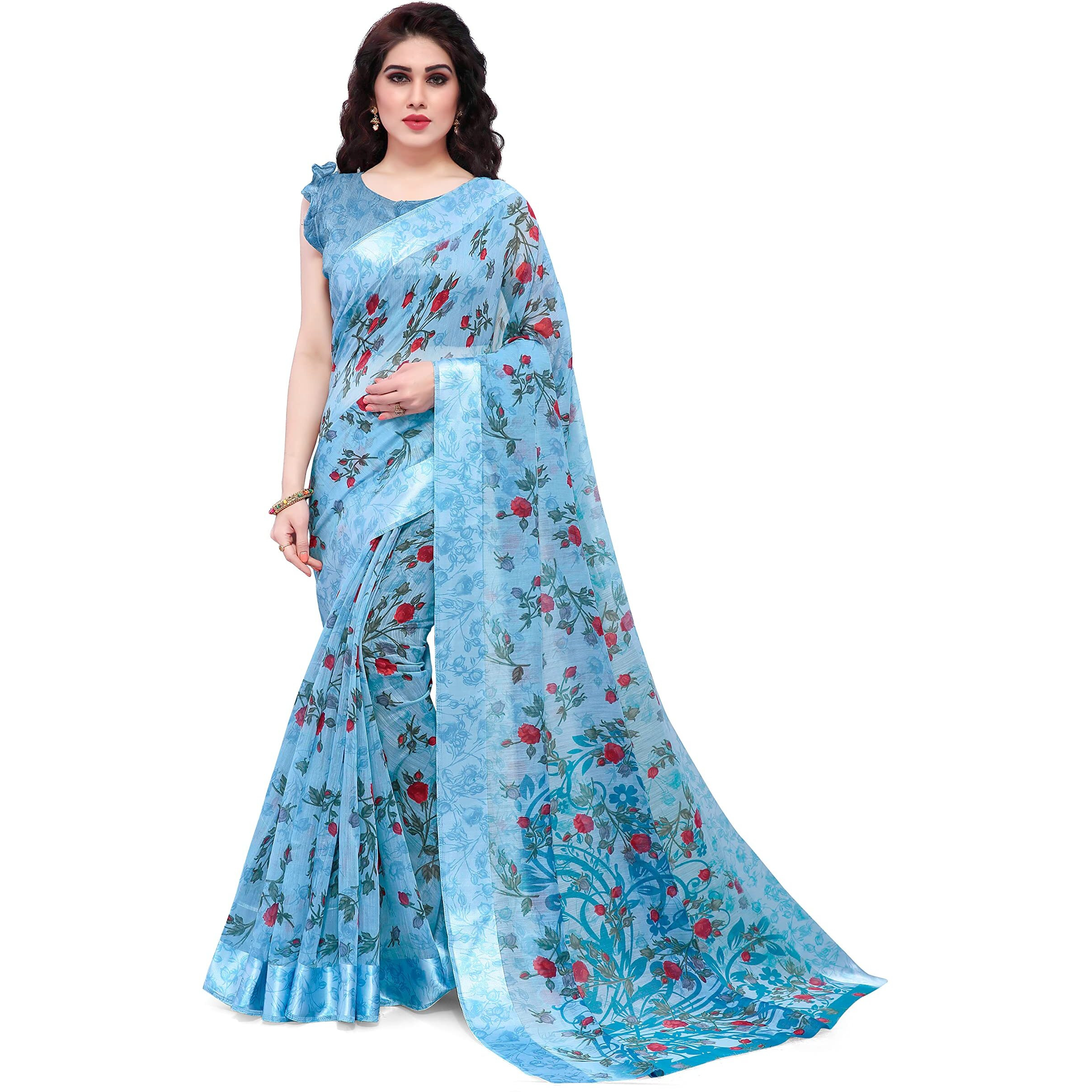 MIRCHI FASHION SOURBH Women s Fancy Cotton Blend Tropical Floral Printed Saree with Blouse Piece (Light Blue)