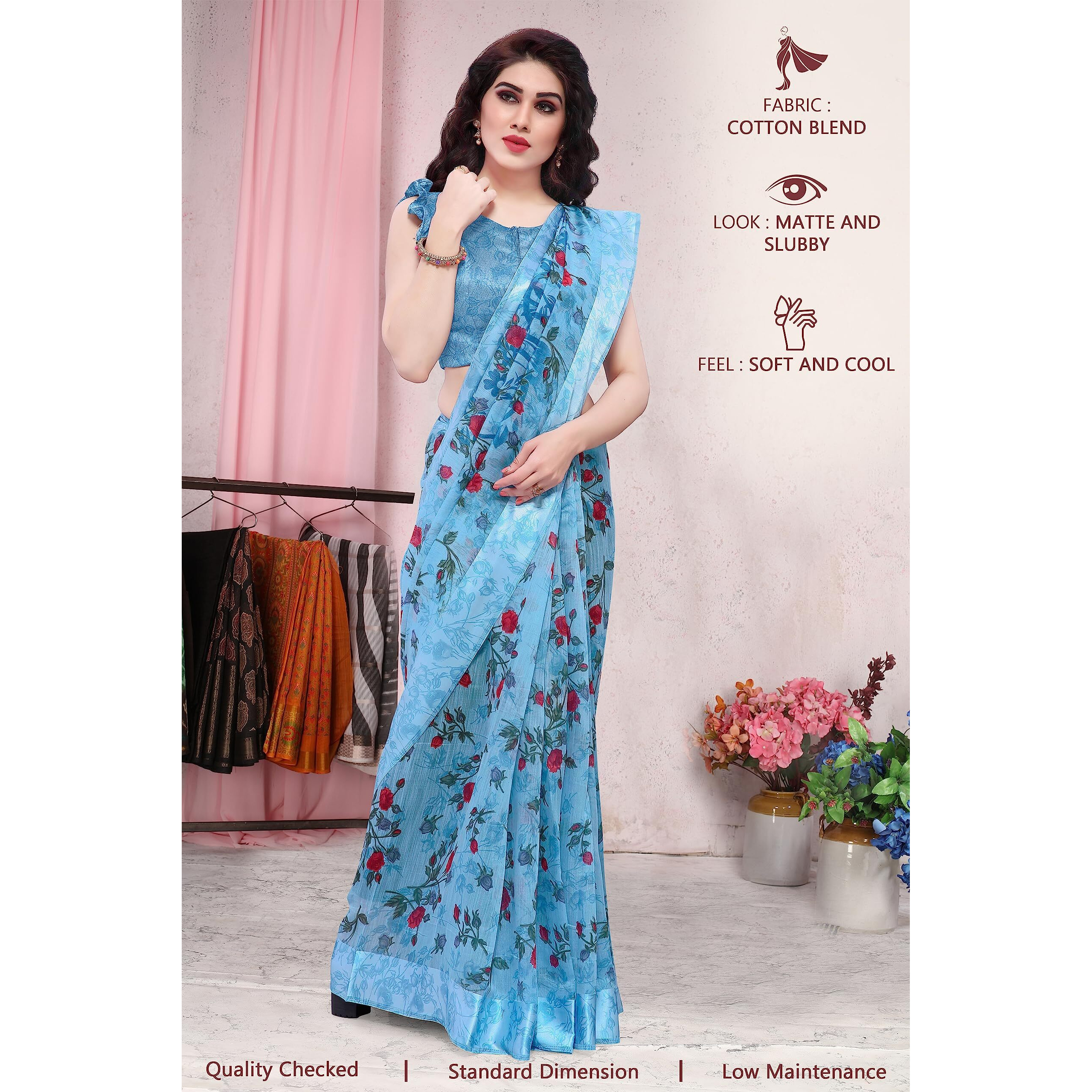 MIRCHI FASHION SOURBH Women s Fancy Cotton Blend Tropical Floral Printed Saree with Blouse Piece (Light Blue)