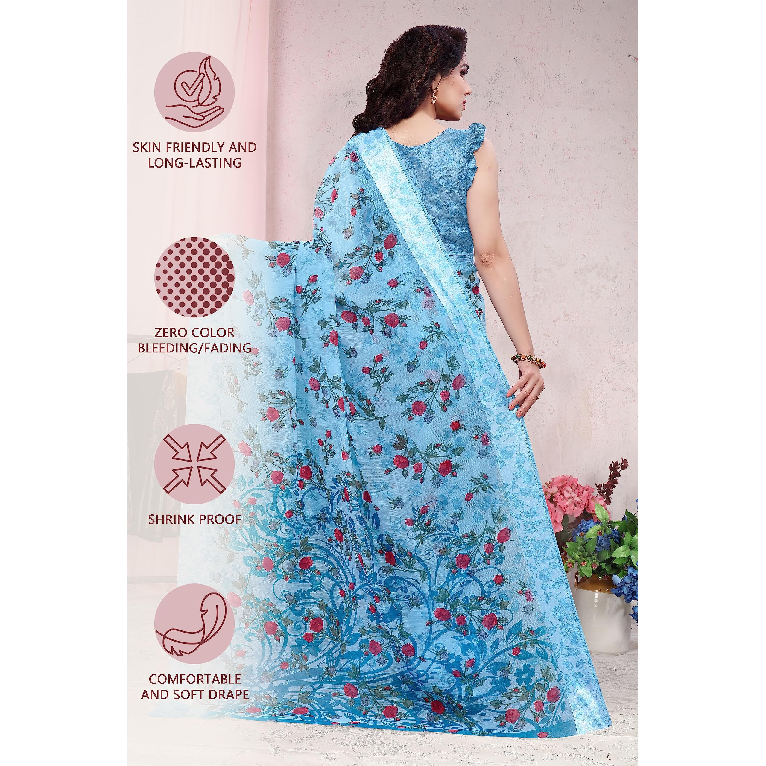 MIRCHI FASHION SOURBH Women s Fancy Cotton Blend Tropical Floral Printed Saree with Blouse Piece (Light Blue)