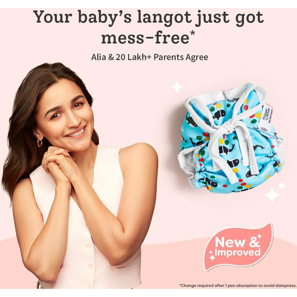 SuperBottoms DryFeel Baby Langot 0-6 months l Organic Cotton Modern Baby Nappy l Mess-free Langot with Gentle Elastics l Super DryFeel Top Layer l Diaper-free Time Essential | 6 Pack