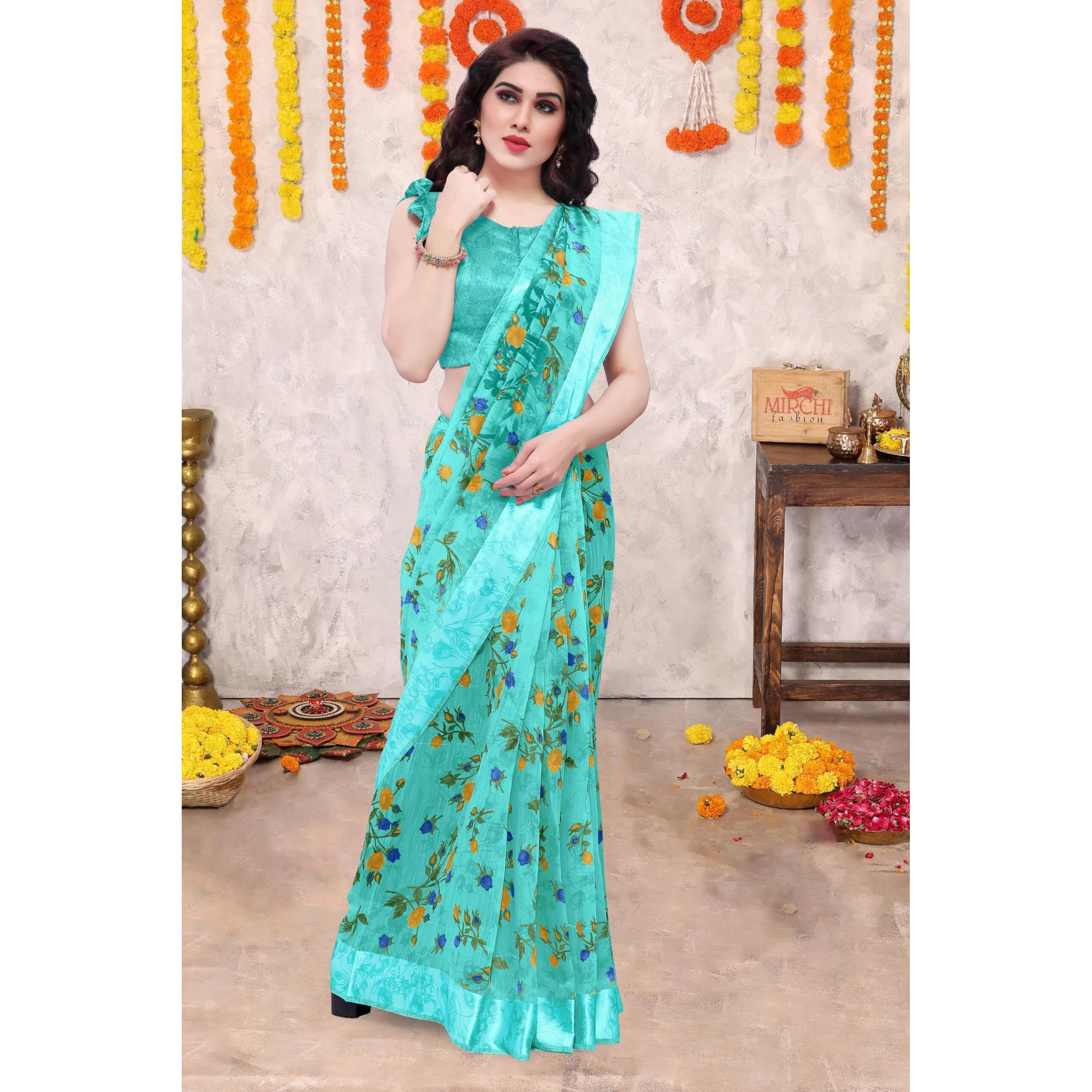 MIRCHI FASHION SOURBH Women s Fancy Cotton Blend Tropical Floral Printed Saree with Blouse Piece (Teal, Blue)