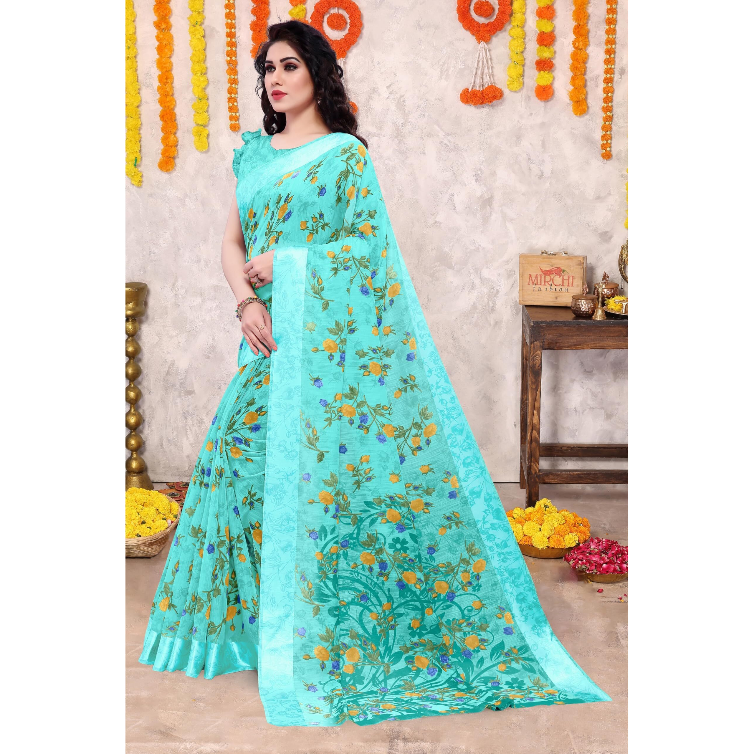 MIRCHI FASHION SOURBH Women s Fancy Cotton Blend Tropical Floral Printed Saree with Blouse Piece (Teal, Blue)