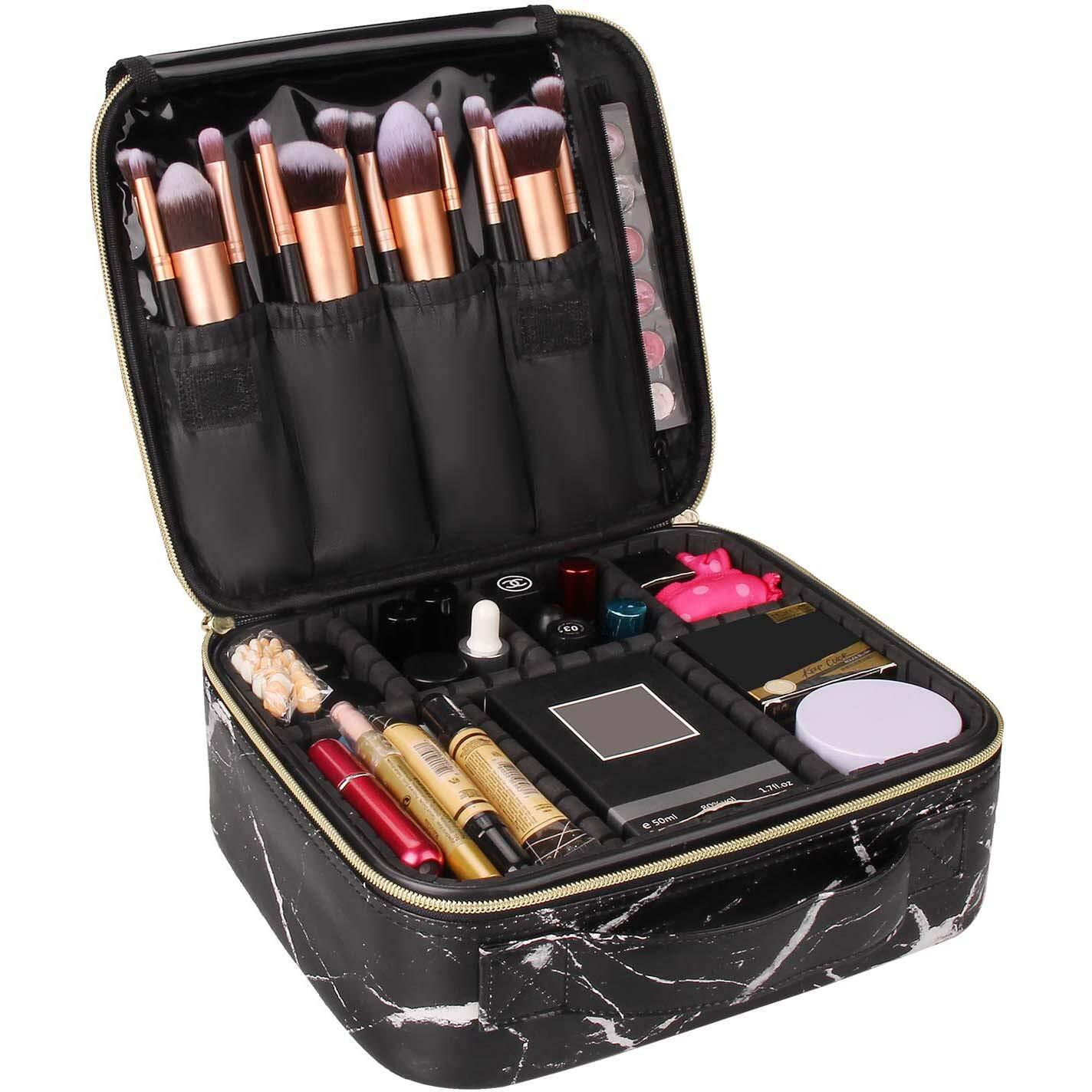 INOVERA (LABEL) Faux Leather Makeup Organizer Bag for Women, Girls & Bride - Travel Cosmetic Kit Storage Organiser - Toiletry Vanity Box with Adjustable Compartment, 26l x 23b x 9h cm (Black Marble)