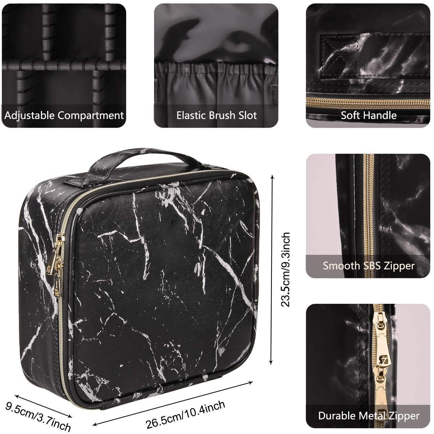 INOVERA (LABEL) Faux Leather Makeup Organizer Bag for Women, Girls & Bride - Travel Cosmetic Kit Storage Organiser - Toiletry Vanity Box with Adjustable Compartment, 26l x 23b x 9h cm (Black Marble)