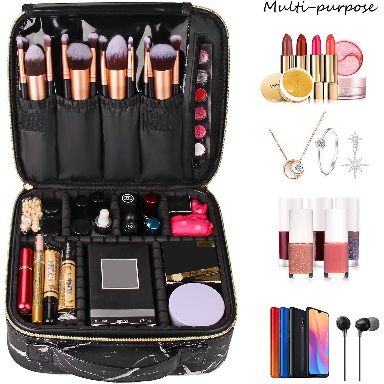 INOVERA (LABEL) Faux Leather Makeup Organizer Bag for Women, Girls & Bride - Travel Cosmetic Kit Storage Organiser - Toiletry Vanity Box with Adjustable Compartment, 26l x 23b x 9h cm (Black Marble)