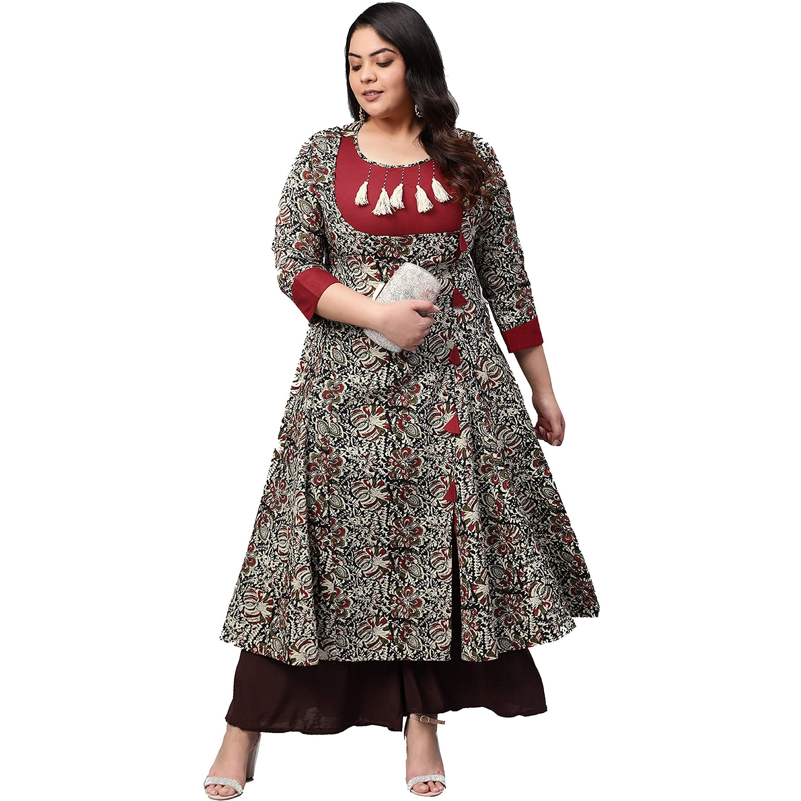 Yash Gallery Women s Plus Size Cotton Floral Printed Anarkali Kurta for Women (190YK214MEHROON_Multi_XX-Large)