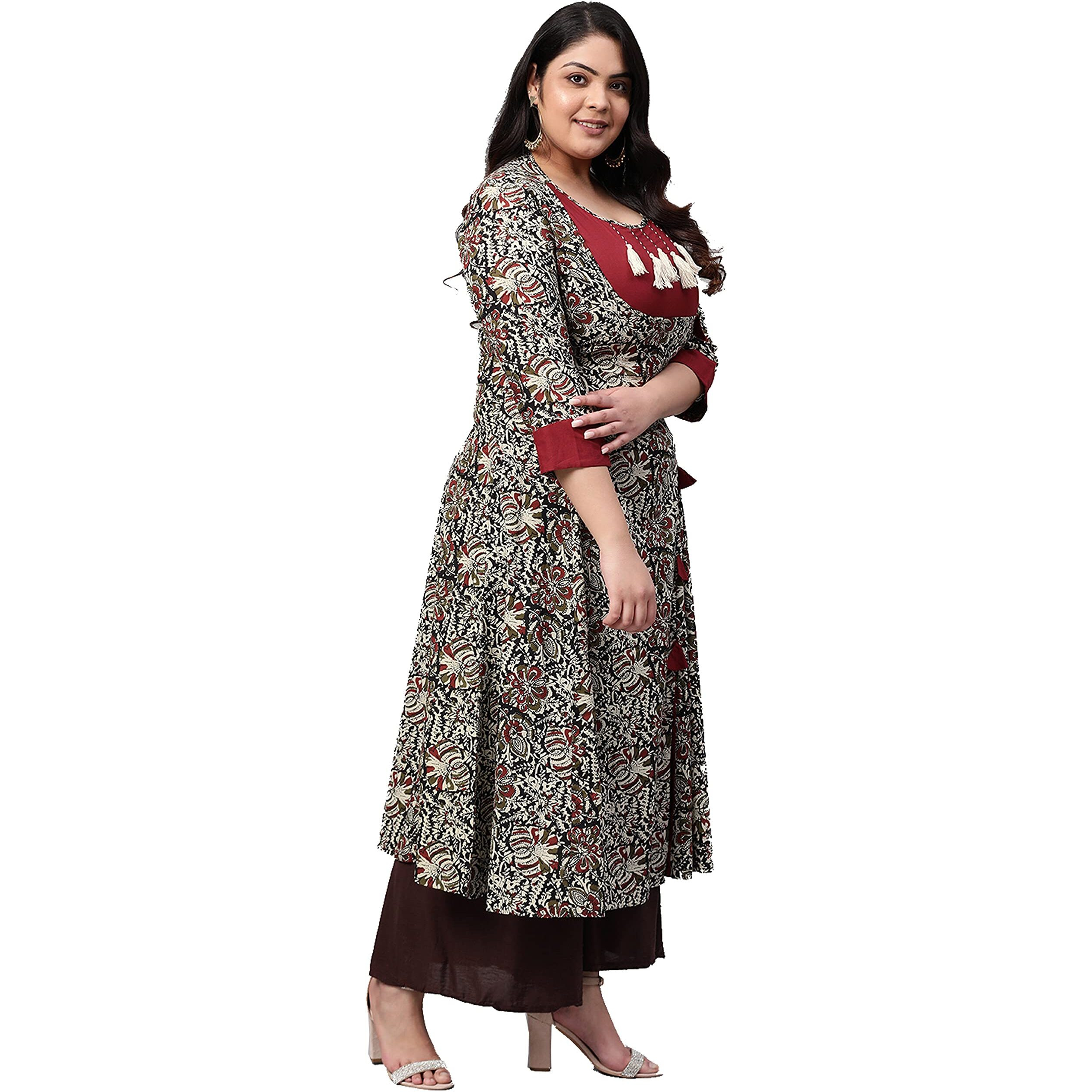 Yash Gallery Women s Plus Size Cotton Floral Printed Anarkali Kurta for Women (190YK214MEHROON_Multi_XX-Large)