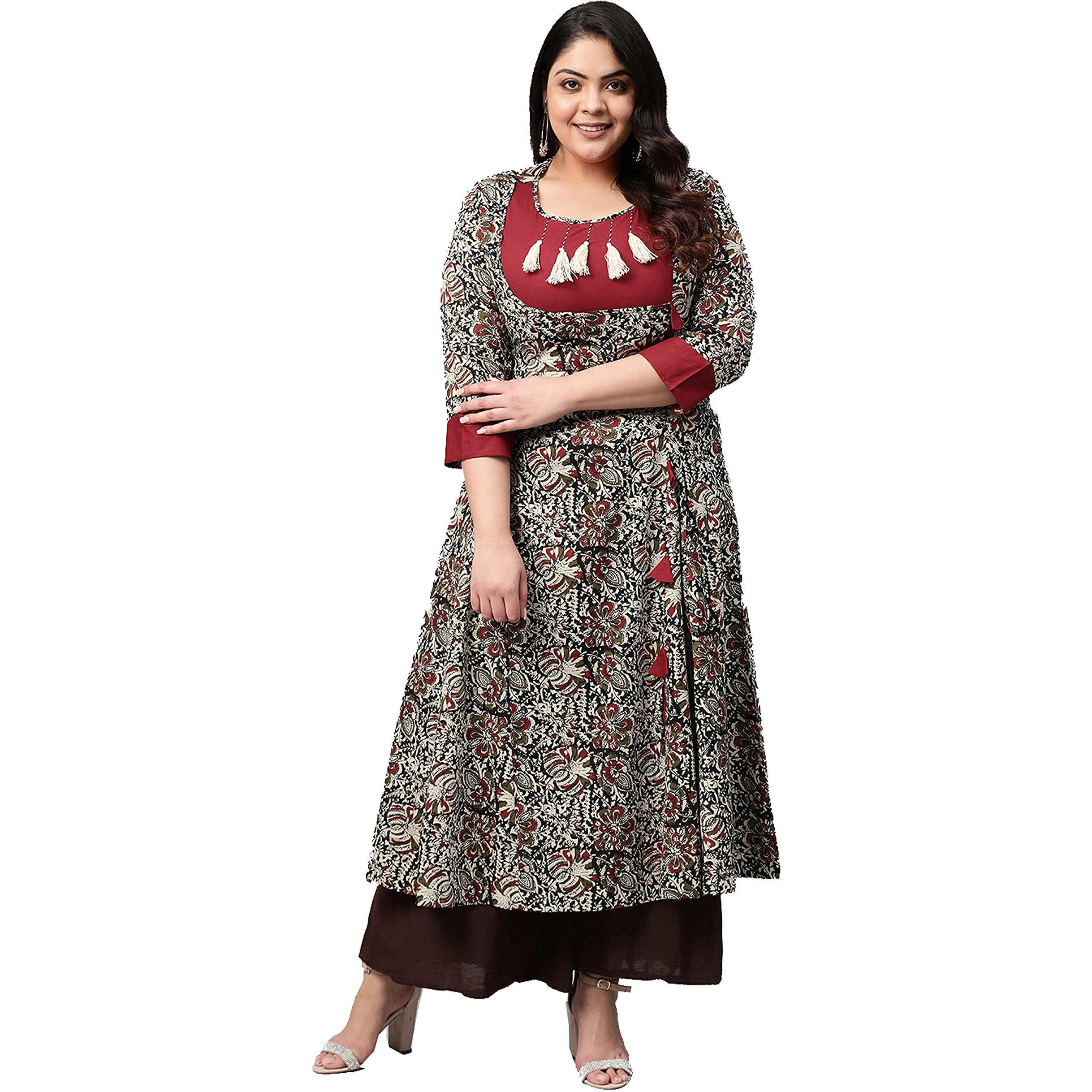 Yash Gallery Women s Plus Size Cotton Floral Printed Anarkali Kurta for Women (190YK214MEHROON_Multi_XX-Large)