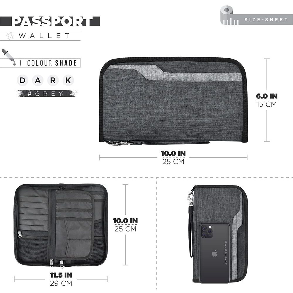 FATMUG Polyester Passport Organizer, Travel Zip Pouch Document Storage for Man and Woman - Drak Grey