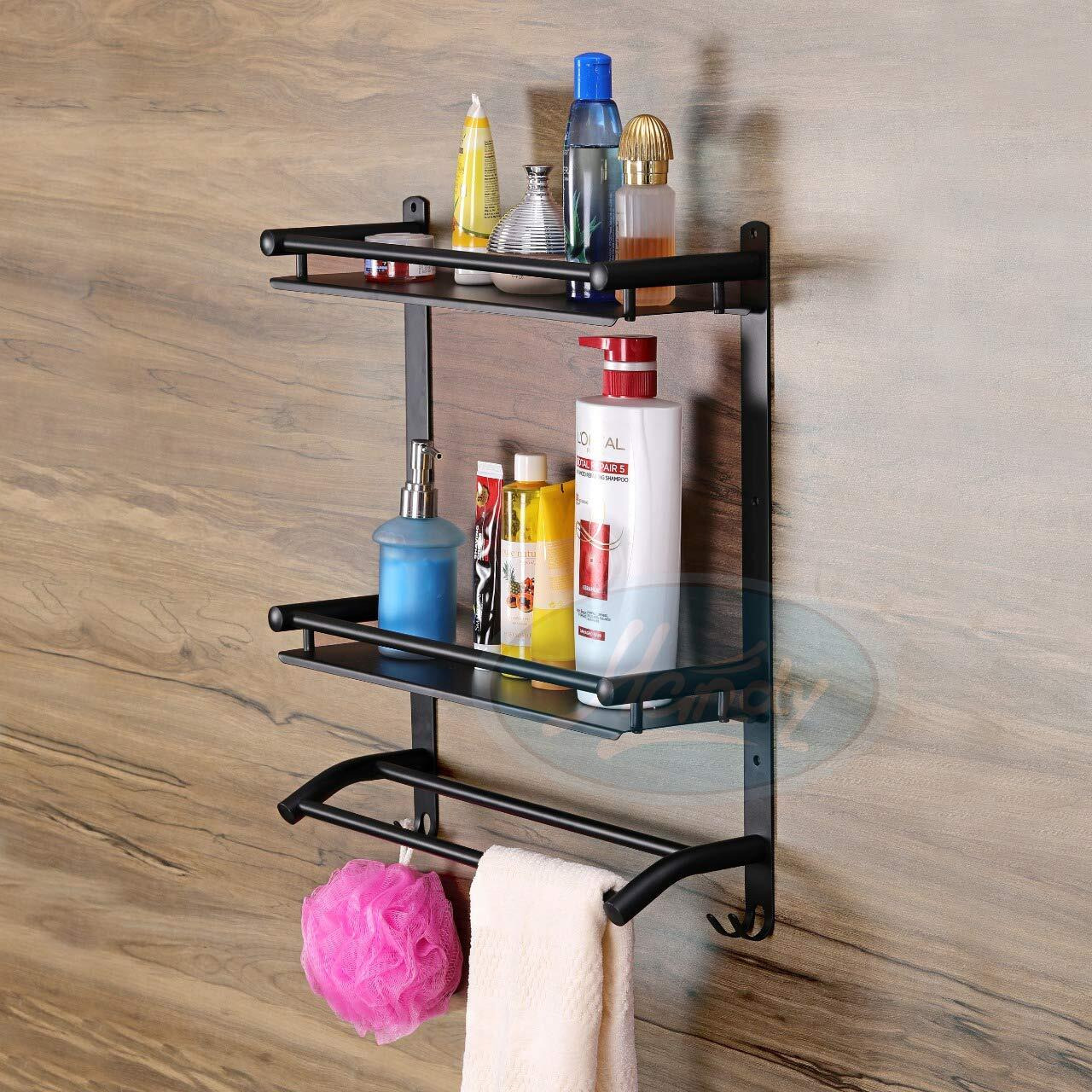 HANDY Stainless Steel Black Bahtroom Accessories 2 Layer Bathroom Shelf with Towel Rod and Hook Multipurpose Wall Mount Shelves Black Bathroom Shelf (16 x 5 x 17 inch)