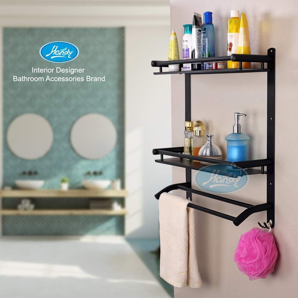 HANDY Stainless Steel Black Bahtroom Accessories 2 Layer Bathroom Shelf with Towel Rod and Hook Multipurpose Wall Mount Shelves Black Bathroom Shelf (16 x 5 x 17 inch)