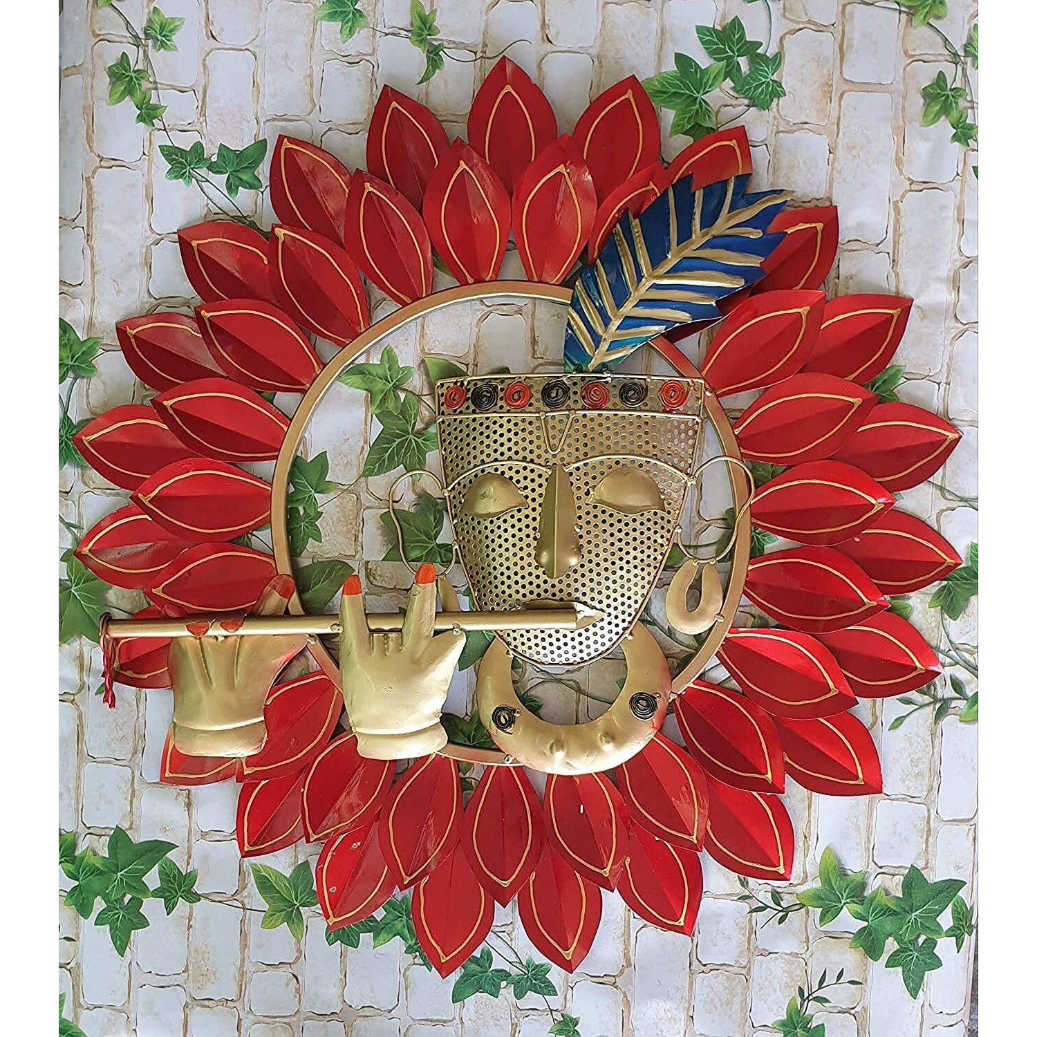 pranjals house Metal Krishna Playing Basuri Round Frame Wall Hanging For Decor (23  Multicolour)