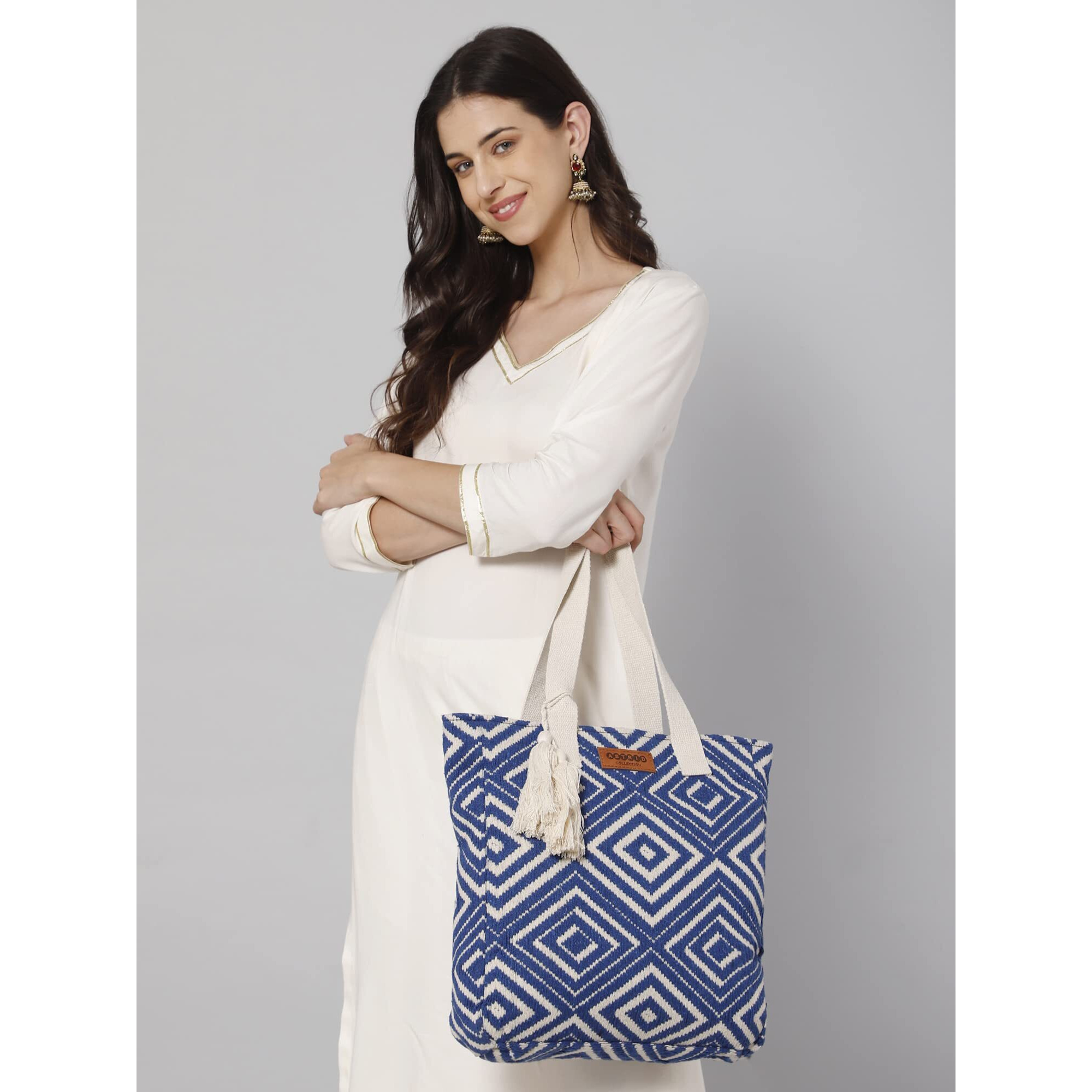 ASTRID Blue Diamond Textured Cotton Tote Bag