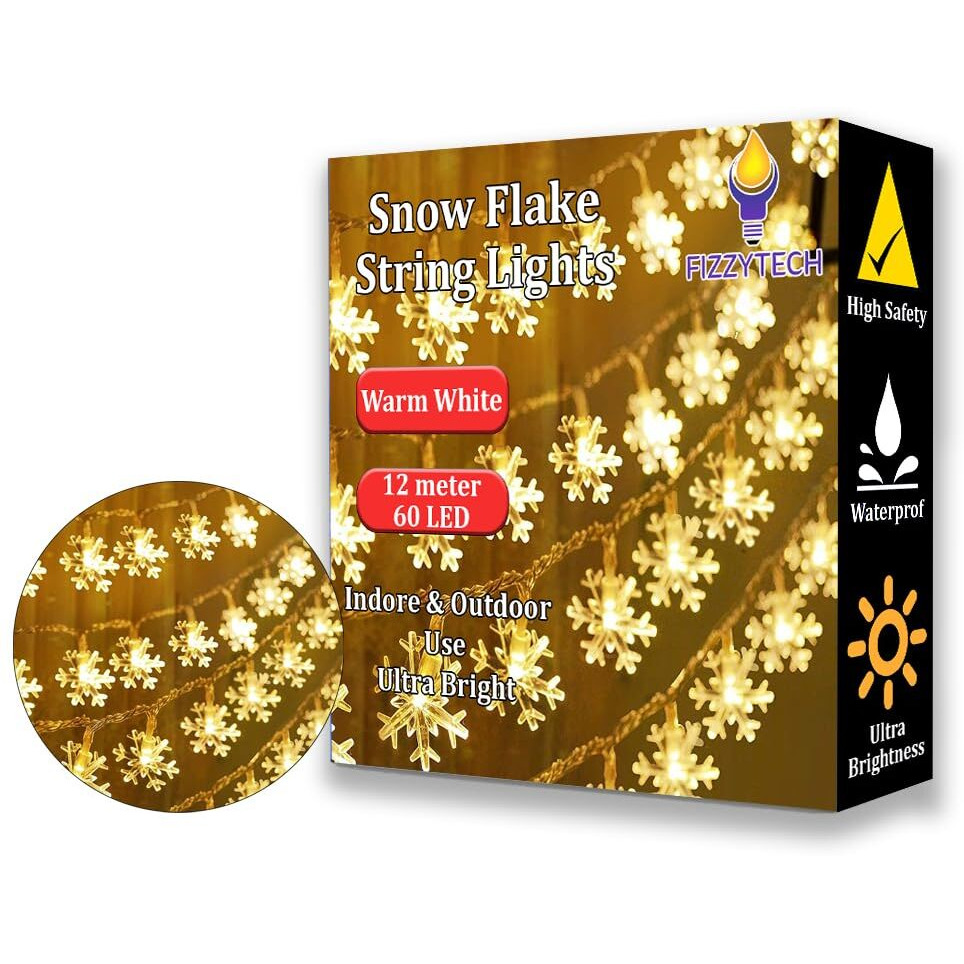 fizzytech Plastic Snow Flake String Lights Of Home Decoration Diwali Light For Party Birthday Diwali Christmas Navratri Valentine Gift Lights Of Home Decoration (12 Meter 60 Led, Warm White)