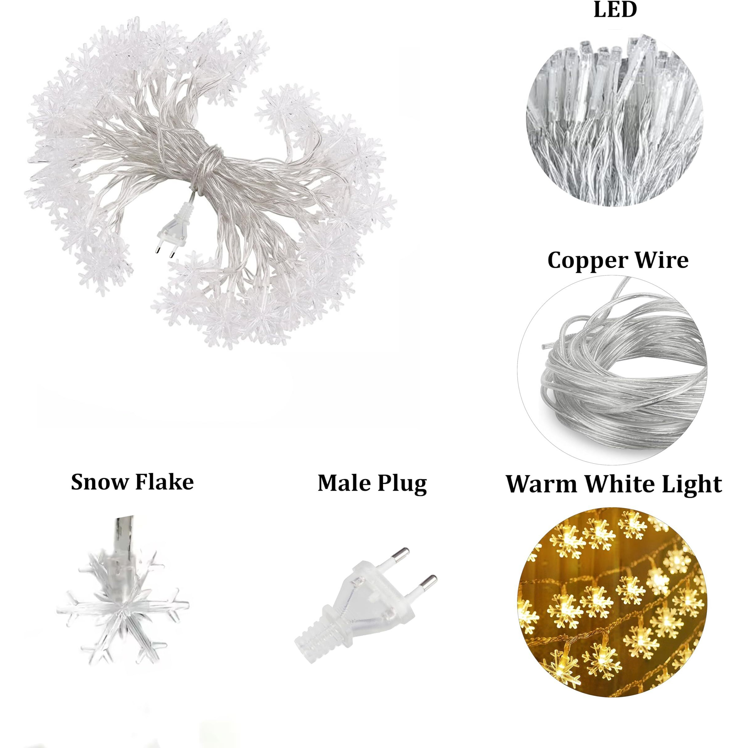 fizzytech Plastic Snow Flake String Lights Of Home Decoration Diwali Light For Party Birthday Diwali Christmas Navratri Valentine Gift Lights Of Home Decoration (12 Meter 60 Led, Warm White)