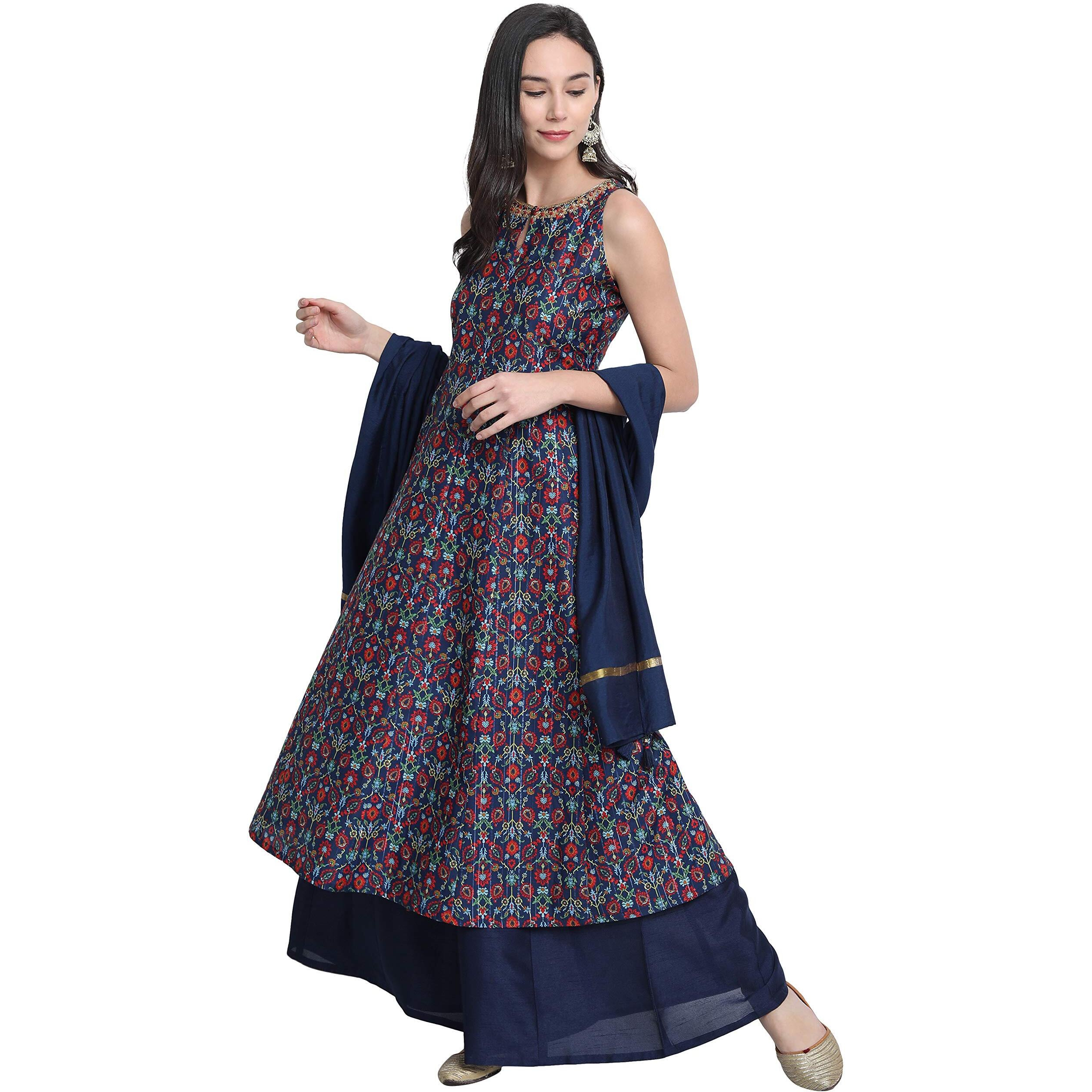 Janasya Women s Blue Poly Muslin Embroidered Kurta with Palazzo and Dupatta