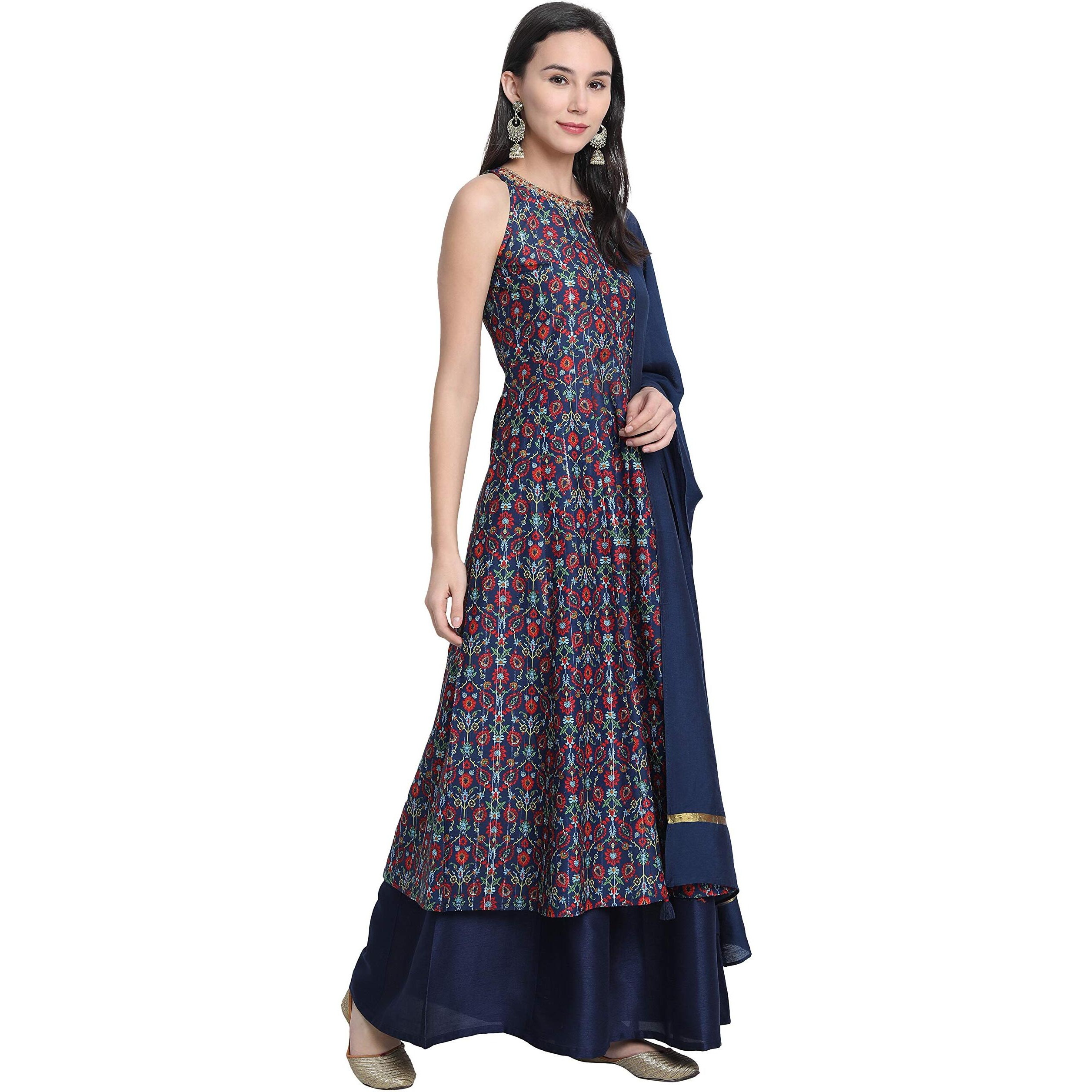 Janasya Women s Blue Poly Muslin Embroidered Kurta with Palazzo and Dupatta
