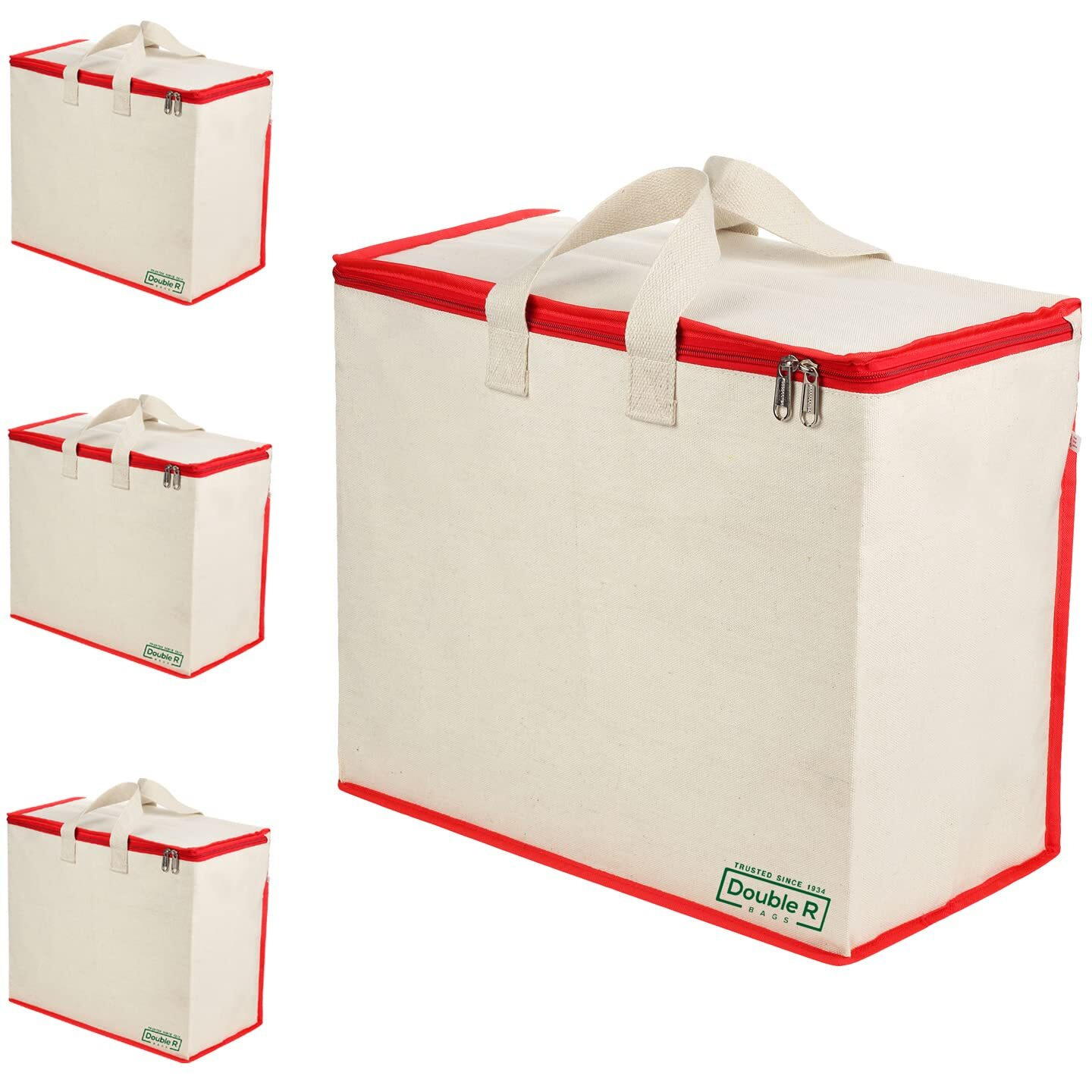 DOUBLE R BAGS Canvas Reinforced Cotton Handles with Multipurpose Clothes Storage Organizer For Grocery vegetable shopping and Covers Zip Bags (Red) -Pack of 4