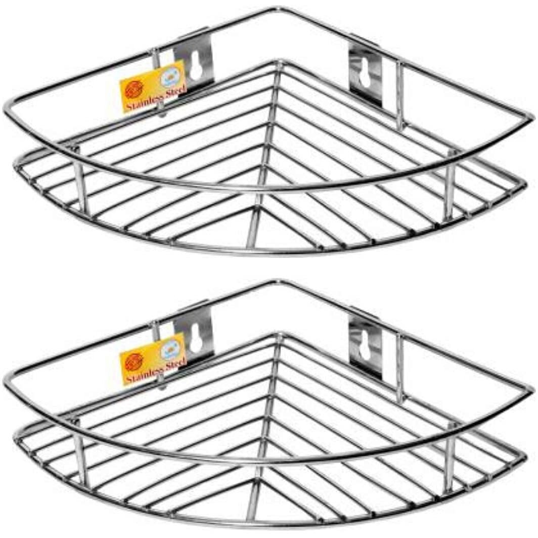 Unify Stainless Steel Multipurpose Storage Organizer - Corner Shelf for Kitchen and Bathroom, Shelf Rack, Bathroom Shelf Wall Mounted, Chrome Finish, Size 23 x 23 x 5 cm (Set of 2)