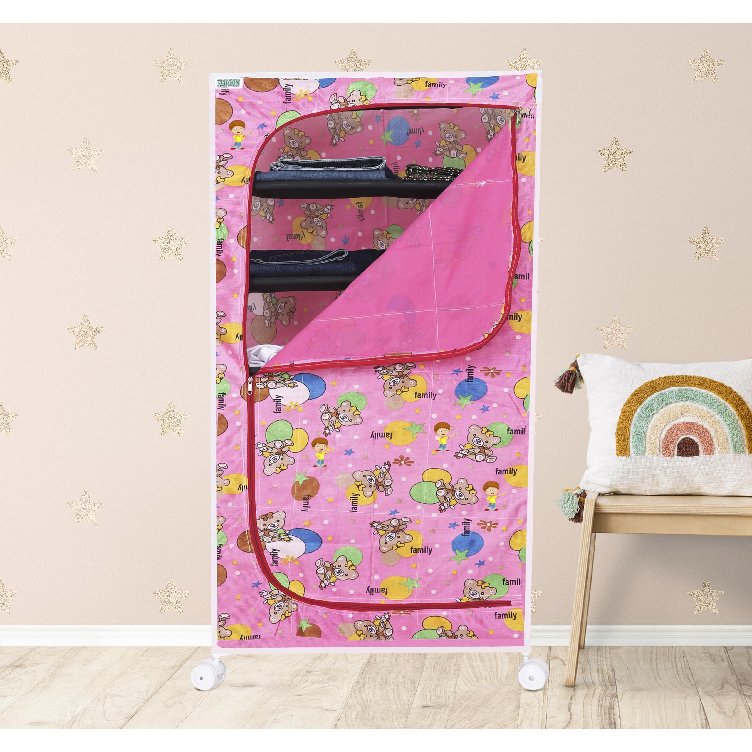 FLIPZON Multipurpose 6 Shelve Baby Wardrobe, (Fabric Shelves) - Pink
