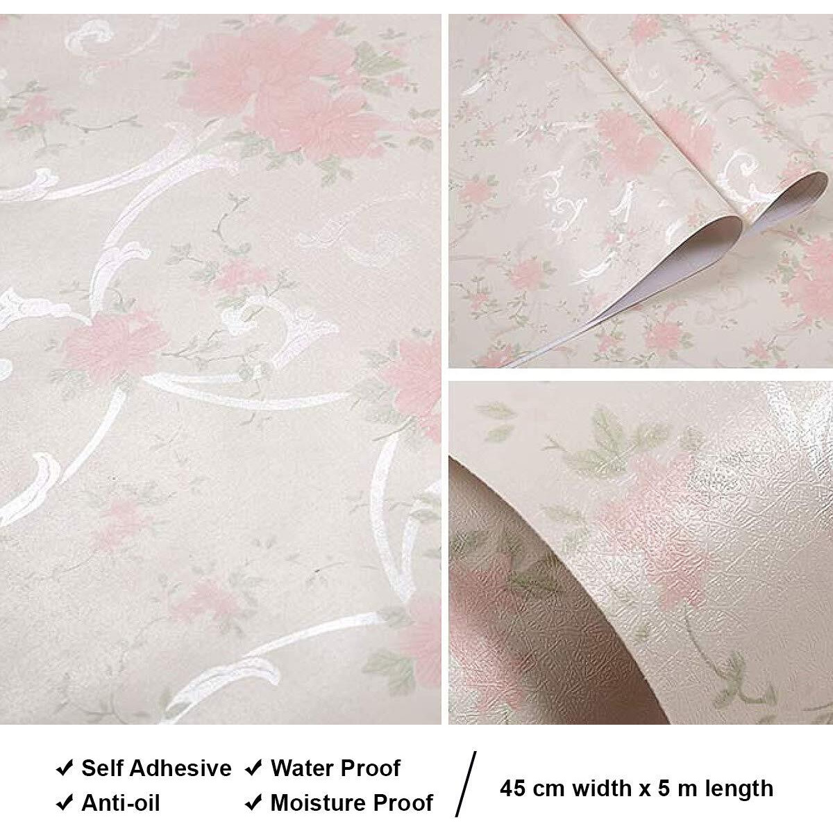 wolpin Wall Stickers Wallpaper Pink Roses (45 x 500 cm) Flower Bouquet Self Adhesive Bedroom Wall Decoration PVC, White