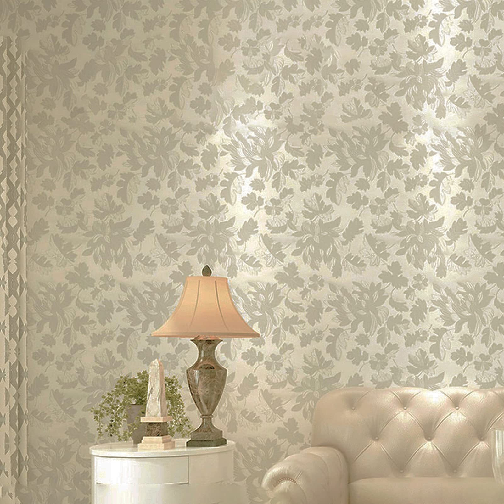 wolpin Wall Stickers Botanical Wallpaper ( 45 cms x 300 cms) Living Room, Bedroom, Textured Embossed Peony Roses Decal Floral Home Decoration, DIY Self Adhesive, White