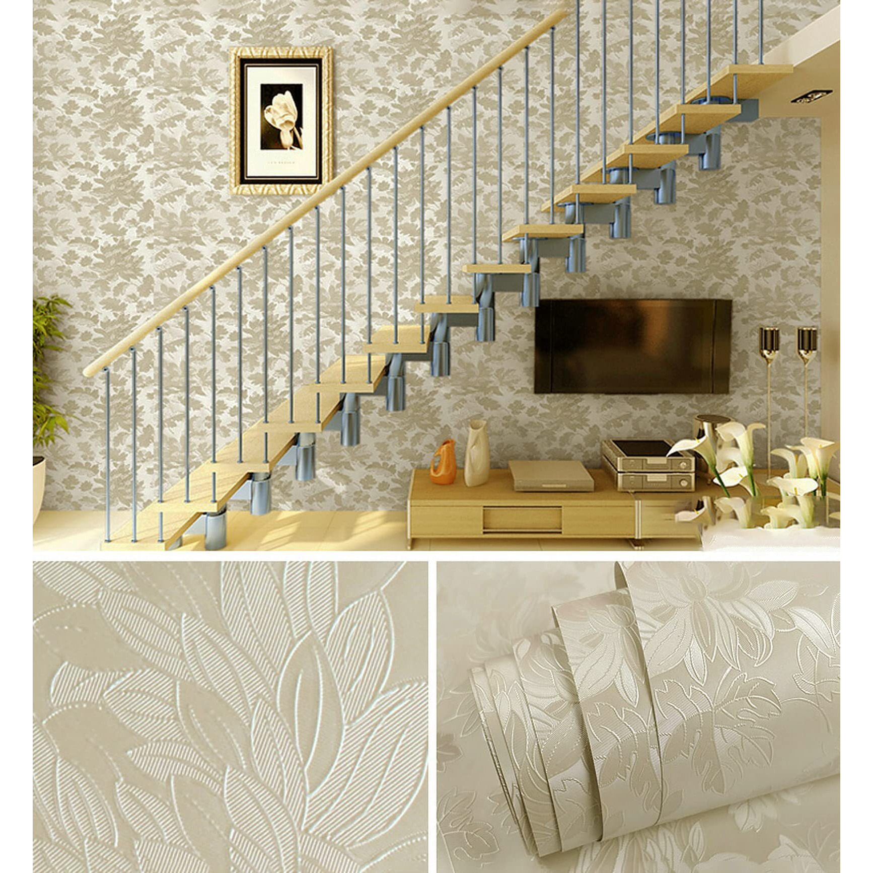 wolpin Wall Stickers Botanical Wallpaper ( 45 cms x 300 cms) Living Room, Bedroom, Textured Embossed Peony Roses Decal Floral Home Decoration, DIY Self Adhesive, White