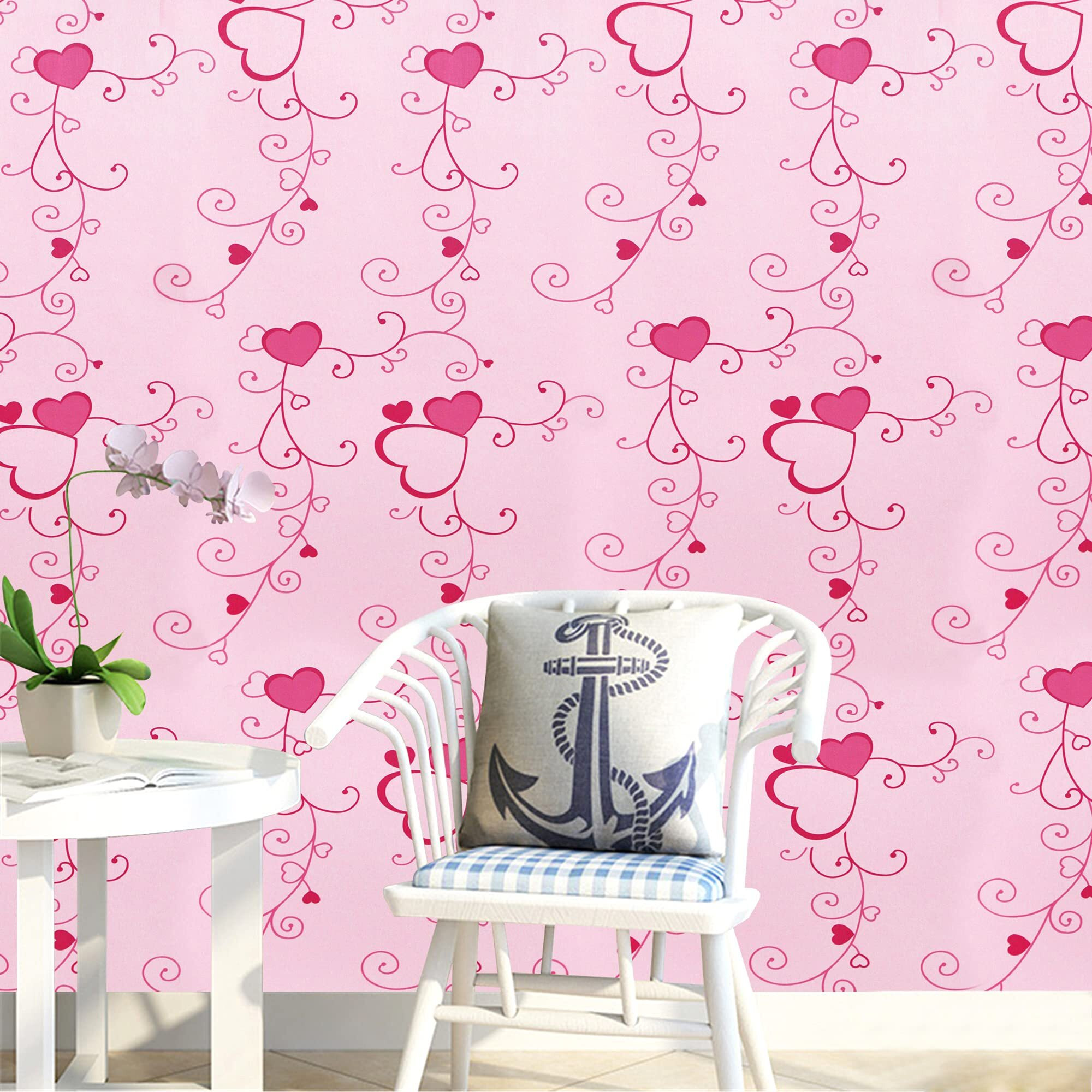 wolpin Wall Stickers Wallpaper for Bedroom (45 x 500 cm) Romantic Hearts Design, Love Self Adhesive Waterproof, Peppy Pink