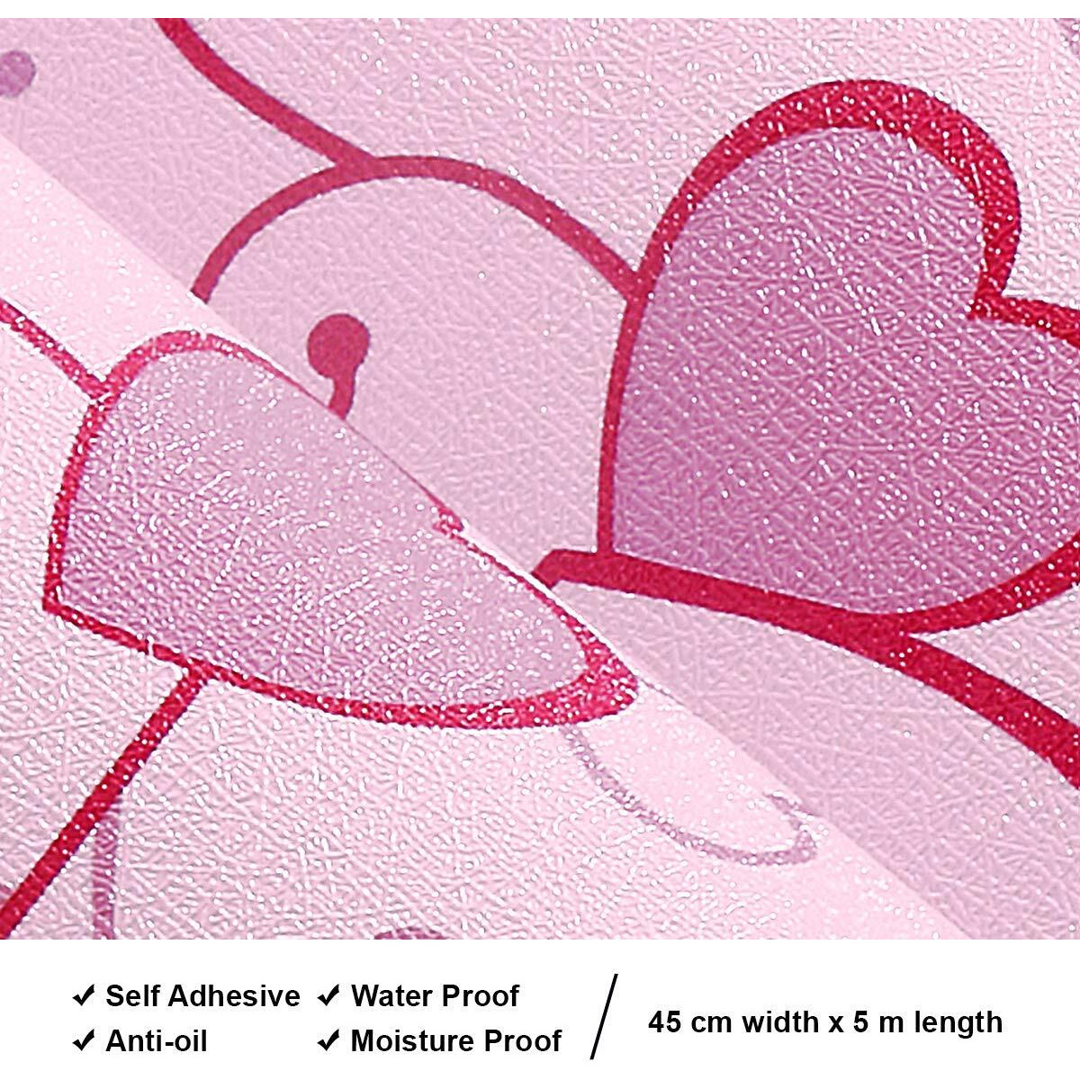 wolpin Wall Stickers Wallpaper for Bedroom (45 x 500 cm) Romantic Hearts Design, Love Self Adhesive Waterproof, Peppy Pink