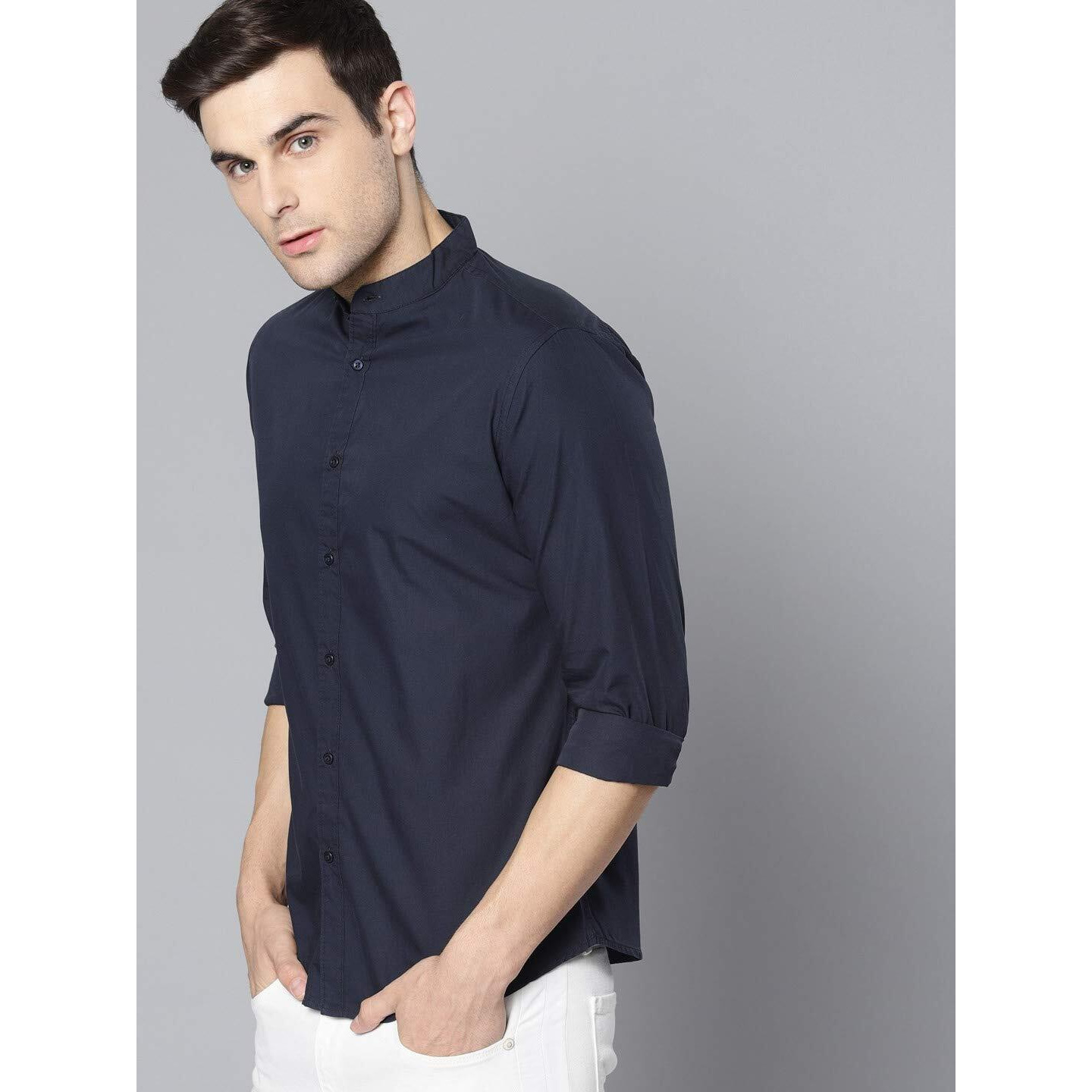 Dennis Lingo Men s Solid DarkBlue Slim Fit Cotton Casual Shirt (AZ2201_4_XL)