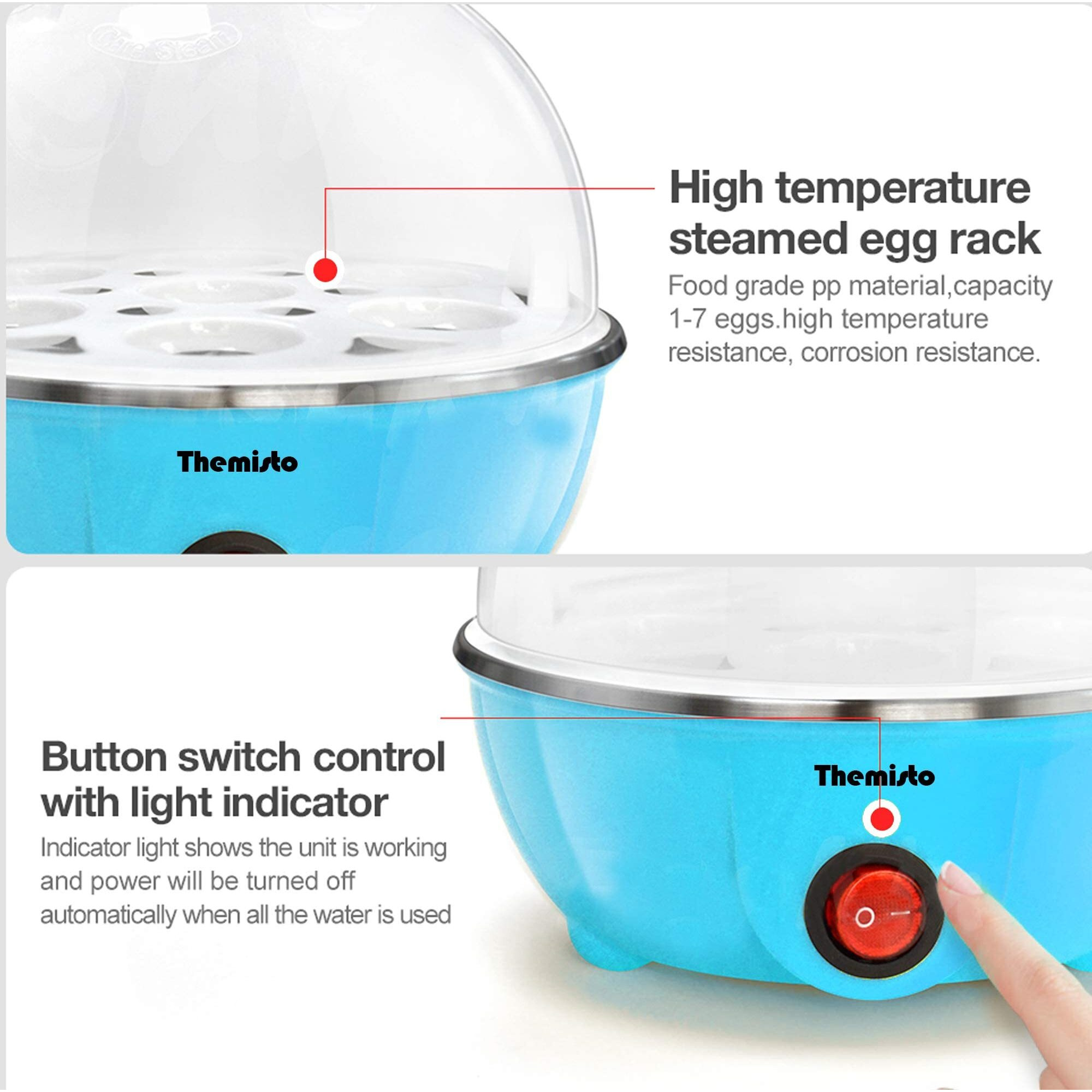 THEMISTO 350 Watts Egg Boiler/Poacher/Cooker for Steaming, Cooking & Boiling (TH-611(14 eggs)) - Blue, Plastic, 14 Ounces (414 ml)