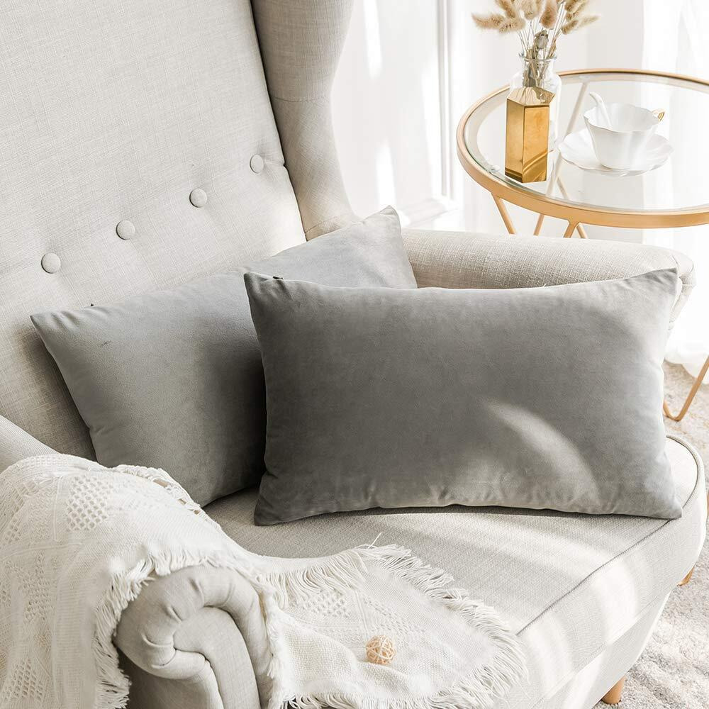 Khooti Rectangular Velvet Cushion Cover, 12x20 (Light Grey)(Pack of 2)