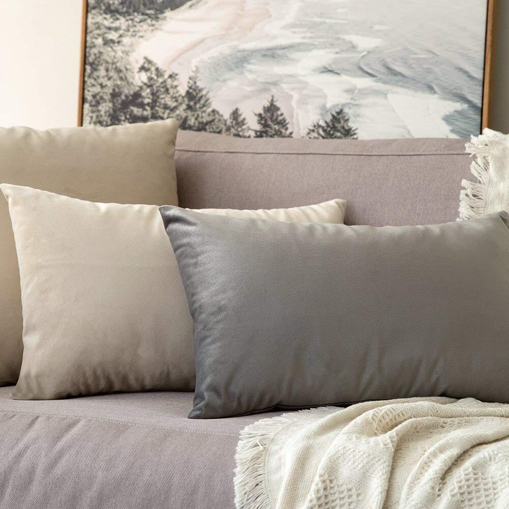 Khooti Rectangular Velvet Cushion Cover, 12x20 (Light Grey)(Pack of 2)