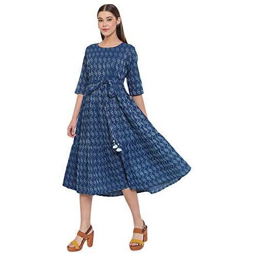 Janasya Women s Pure Cotton Woven Design Flared Western Dress (JNE3710-DR-S)