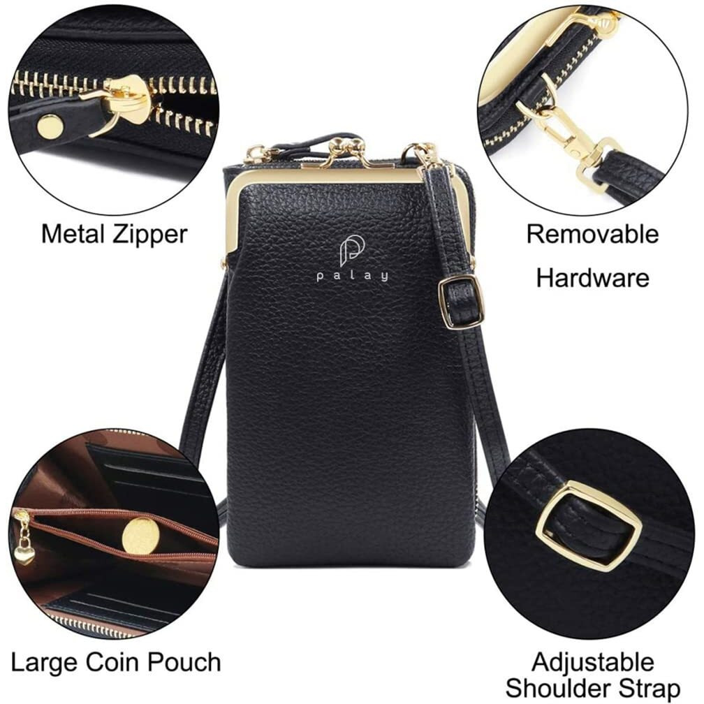 PALAY Women Crossbody Phone Bag Ladies Wallet Small Soft PU Leather Cell Phone Purse Mini Shoulder Bag with Strap Card Slots (Black)
