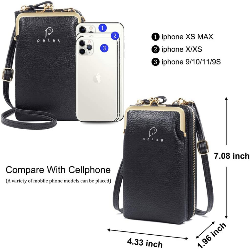 PALAY Women Crossbody Phone Bag Ladies Wallet Small Soft PU Leather Cell Phone Purse Mini Shoulder Bag with Strap Card Slots (Black)
