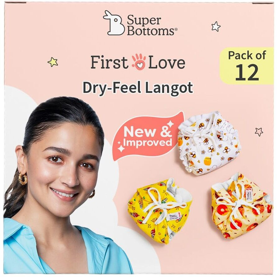 SuperBottoms DryFeel Baby Langot 0-6 months l Organic Cotton Modern Baby Nappy l Mess-free Langot with Gentle Elastics l Super DryFeel Top Layer l Diaper-free Time Essential | 12 Pack