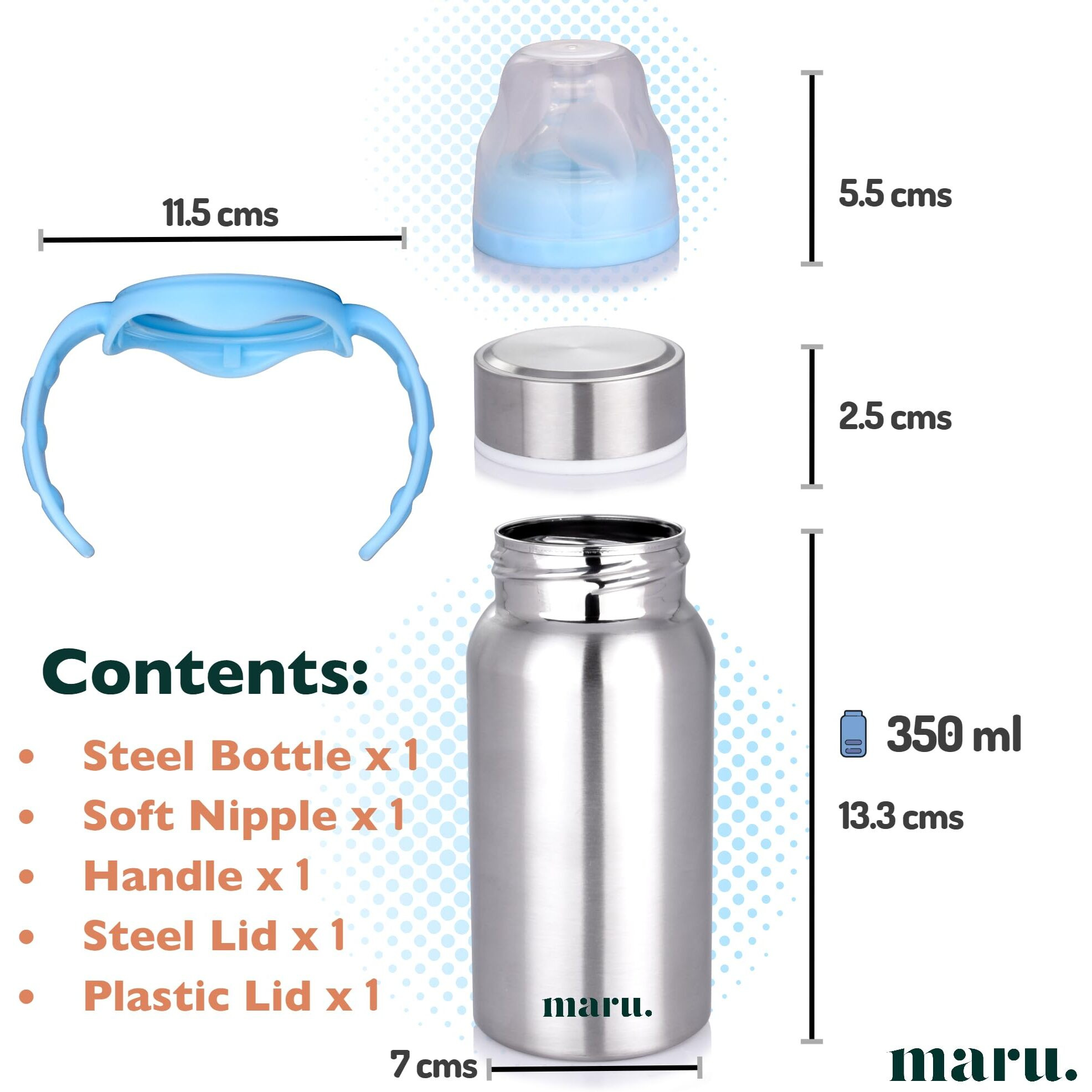 MARU Stainless Steel Baby Feeding Bottle - Blue Color, 3+ Months, with Extra Travel Lid and Nipple - Durable, Safe, Leak-Proof Design for Newborns and Infants, Ideal for On-the-Go Feeding, Sipper Straw is not included