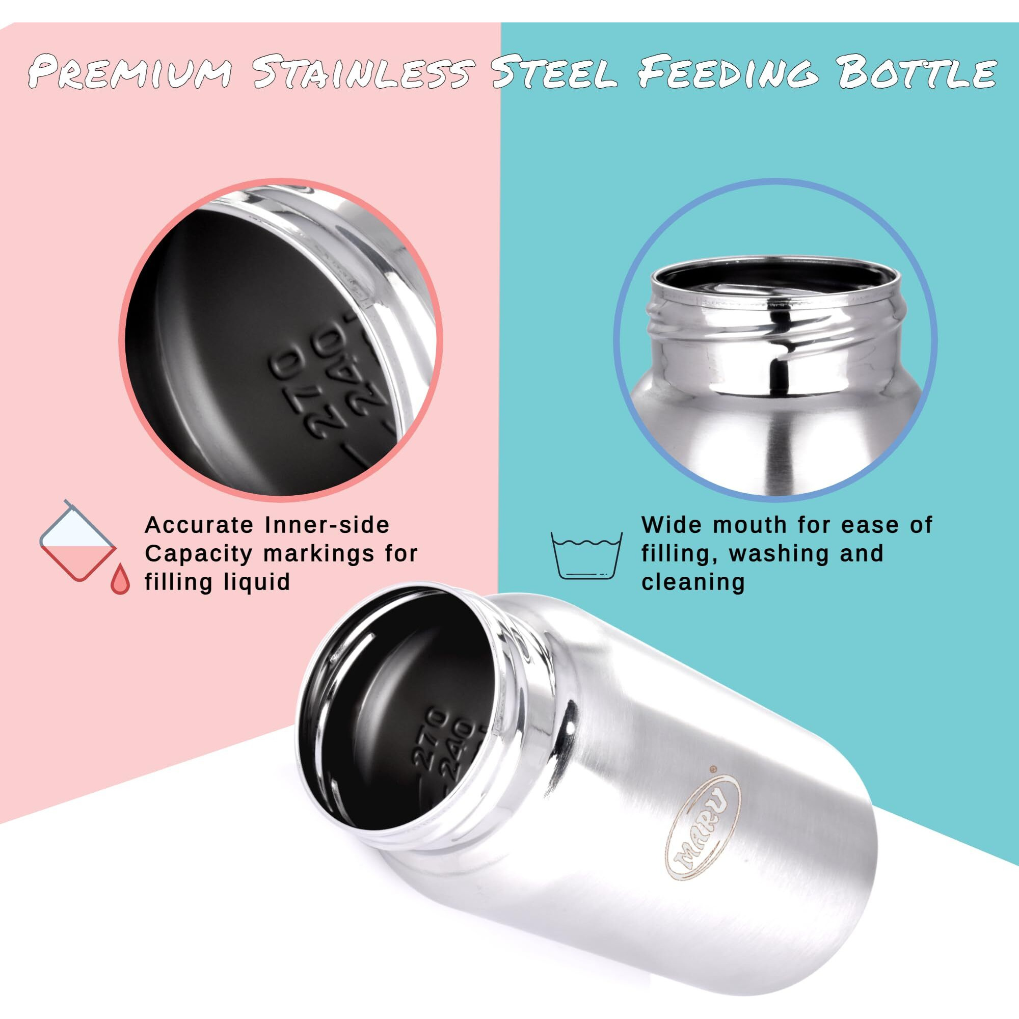 MARU Stainless Steel Baby Feeding Bottle - Blue Color, 3+ Months, with Extra Travel Lid and Nipple - Durable, Safe, Leak-Proof Design for Newborns and Infants, Ideal for On-the-Go Feeding, Sipper Straw is not included