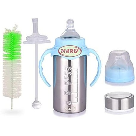 MARU 3-In-1 Stainless Steel Feeding Bottle For Baby Random (Pink/Blue Colour)- Versatile Sipper For Newborns - 3+ Months Kids, Baby Feeding Bottle With Sipper Nipple, 270 Milliliters