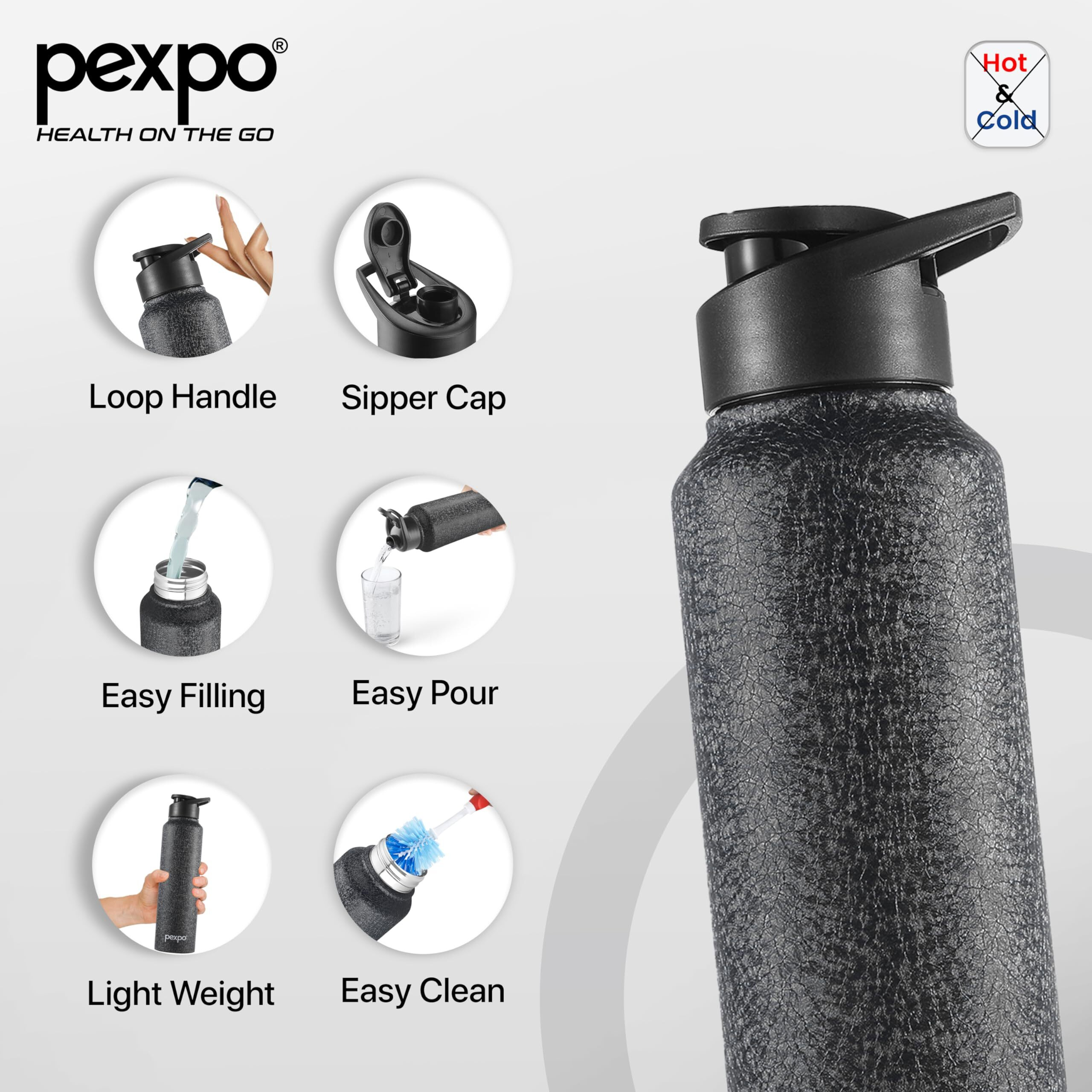 PEXPO Chromo Pro Stainless Steel Sports/Fridge Sipper Water Bottle 1000ml, Black| Eco friendly | Water Bottle for Office, Gym, School, Yoga, Trekking, Men, Women and Kids | RCB Edition
