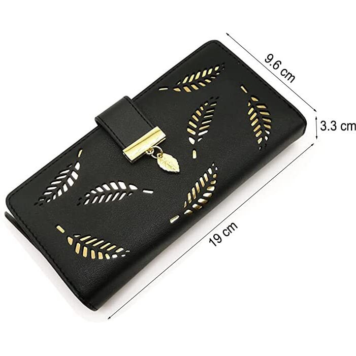 INOVERA (LABEL) Black Vegan Leather Women s Leaf Bi-fold Card Coin Holder Long Purse Clutch Wallet (KK22)