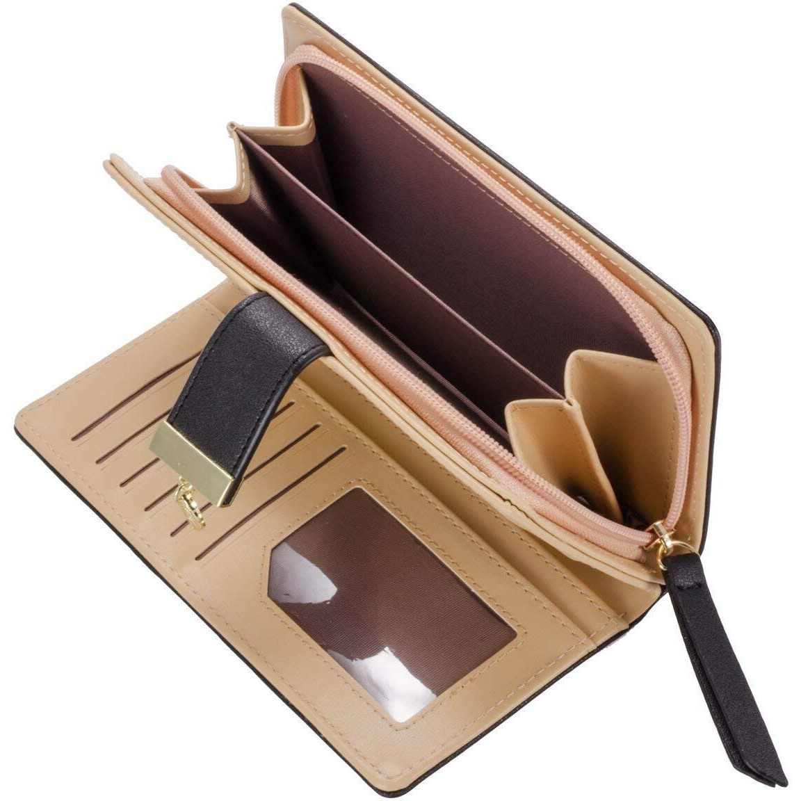 INOVERA (LABEL) Black Vegan Leather Women s Leaf Bi-fold Card Coin Holder Long Purse Clutch Wallet (KK22)