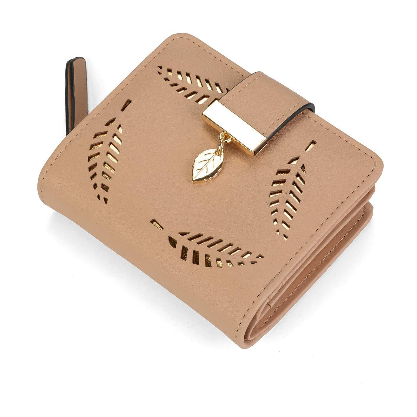 INOVERA (LABEL) Khaki Vegan Leather Women s Leaf Bi-fold Card Coin Holder Small Purse Clutch Wallet (KK23)