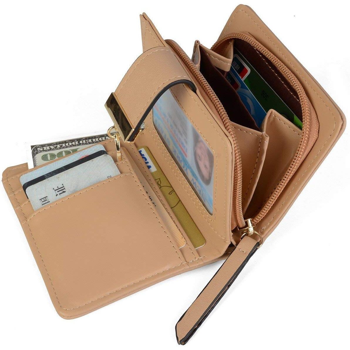 INOVERA (LABEL) Khaki Vegan Leather Women s Leaf Bi-fold Card Coin Holder Small Purse Clutch Wallet (KK23)