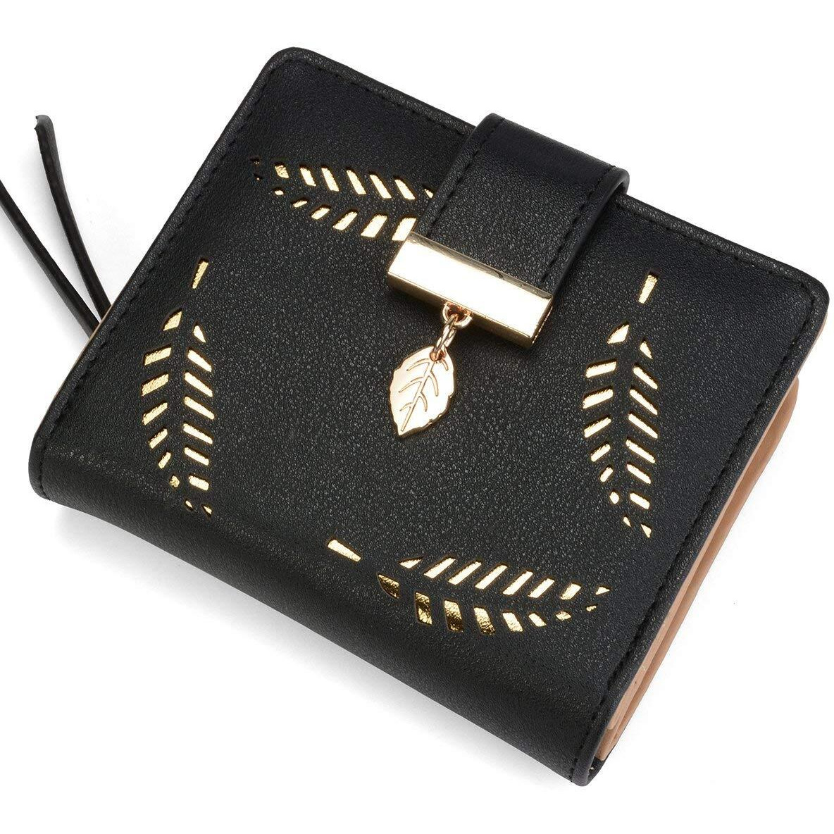 INOVERA (LABEL) Black Vegan Leather Women s Leaf Bi-fold Card Coin Holder Small Purse Clutch Wallet (KK23)