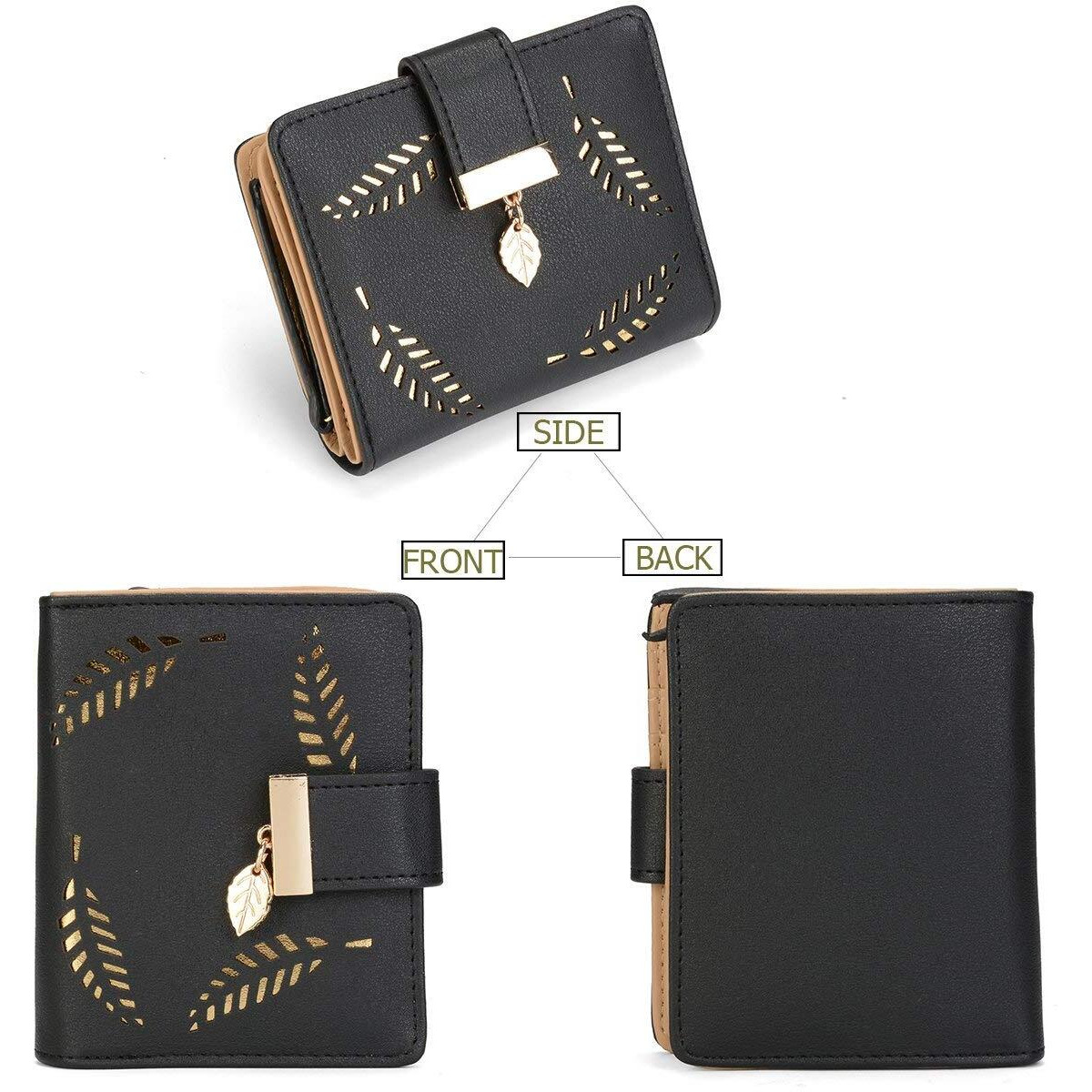 INOVERA (LABEL) Black Vegan Leather Women s Leaf Bi-fold Card Coin Holder Small Purse Clutch Wallet (KK23)
